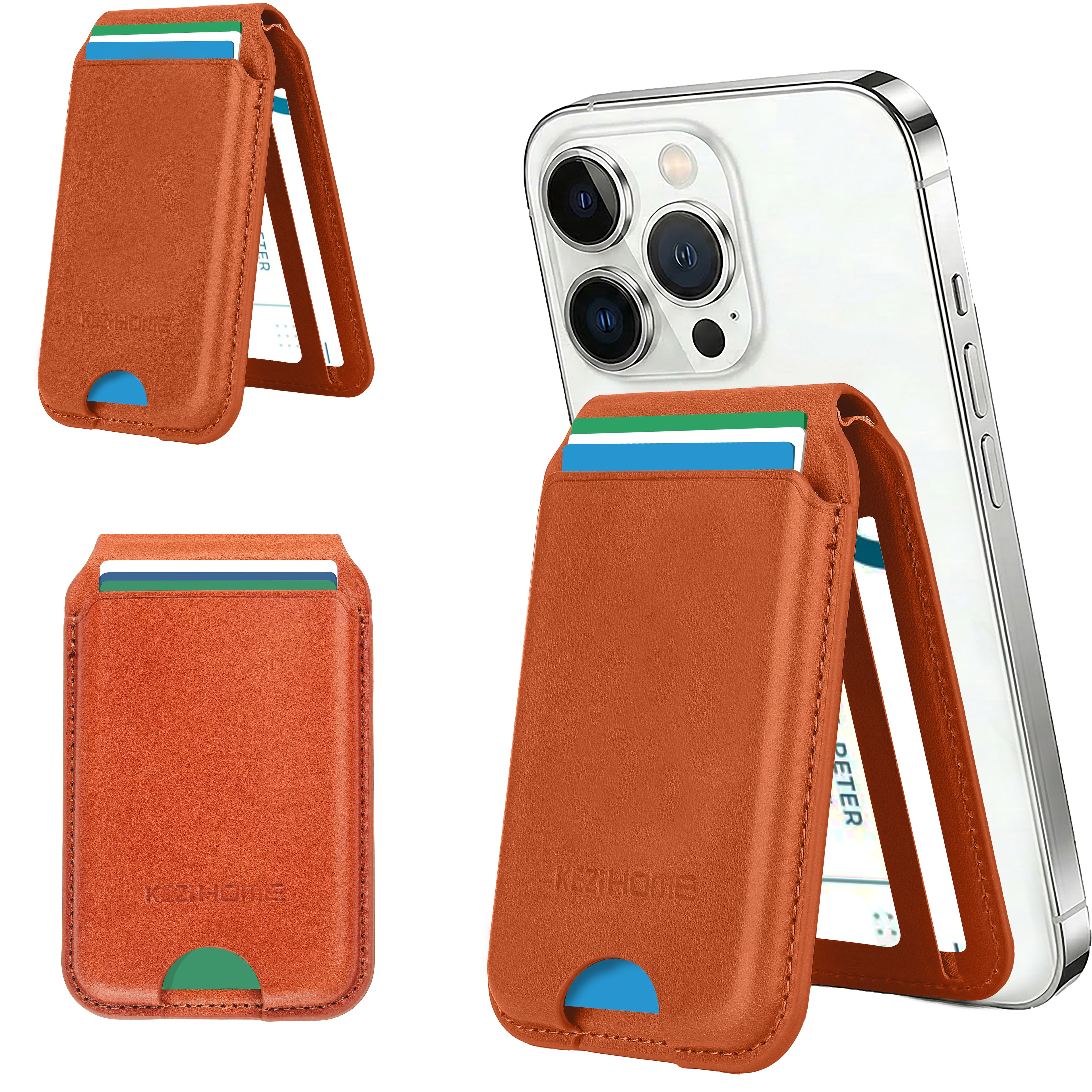 KEZiHOME for MagSafe Wallet, Genuine Leather 5-6 Card Holder[RFID Blocking] with Adjustable Stand, Strong Magnetic Wallet for iPhone 17/16/15/14/13/12 Series