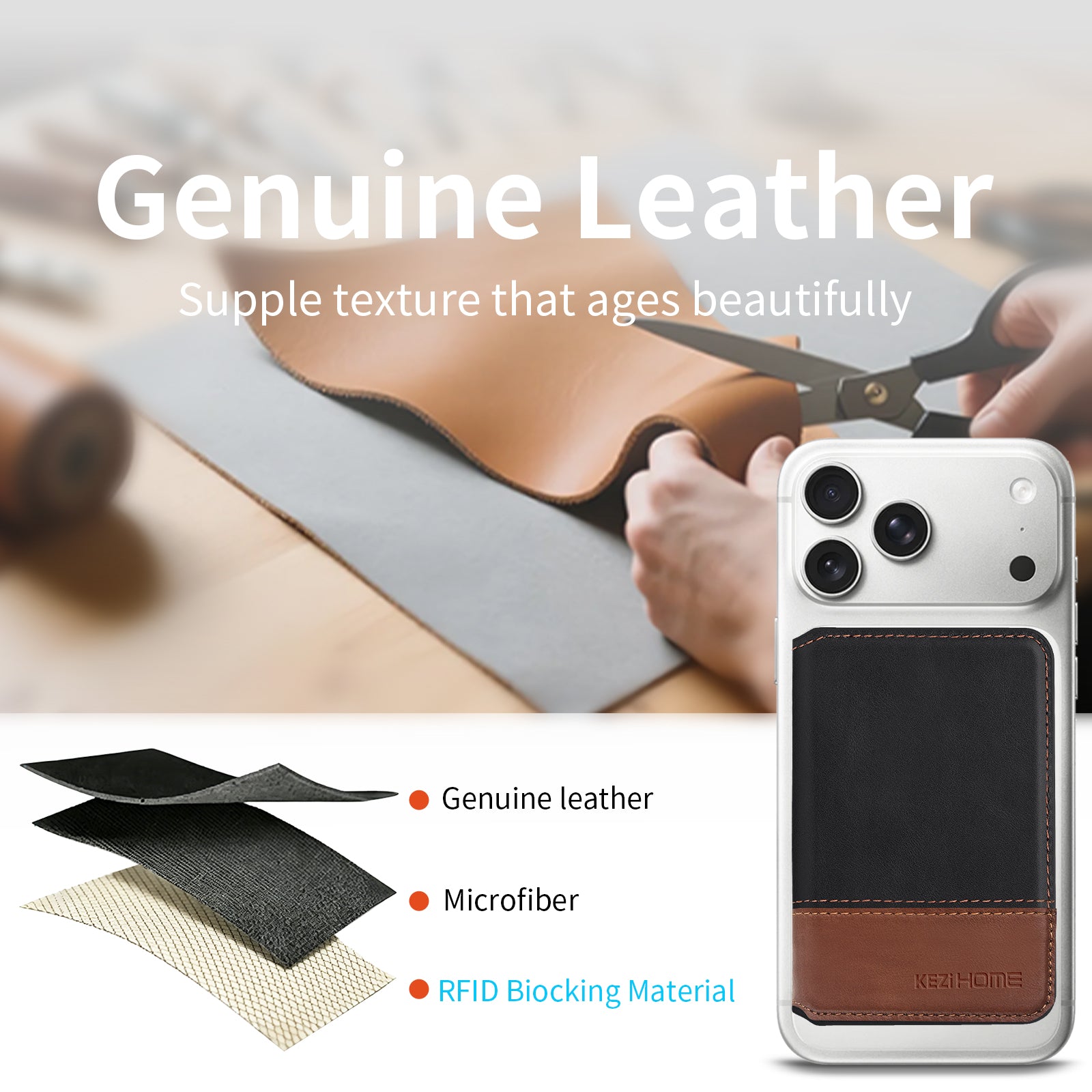 KEZiHOME for MagSafe Wallet with Stand, Genuine Leather 6 Card Holders[RFID Blocking] Minimalist Magnetic Wallet for iPhone 17/16/15/14/13/12 Series with MagSafe Phone Case