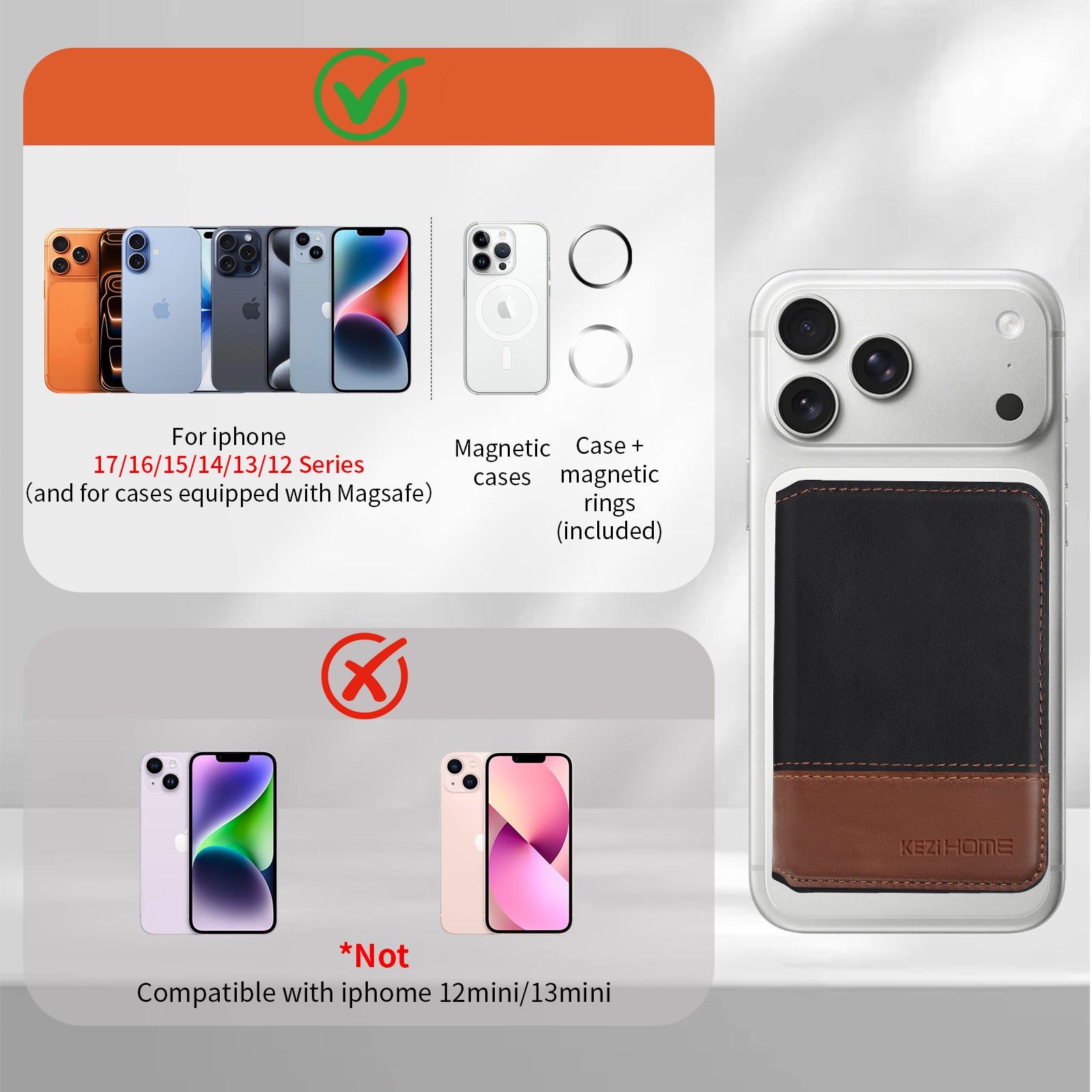 KEZiHOME for MagSafe Wallet with Stand, Genuine Leather 6 Card Holders[RFID Blocking] Minimalist Magnetic Wallet for iPhone 17/16/15/14/13/12 Series with MagSafe Phone Case