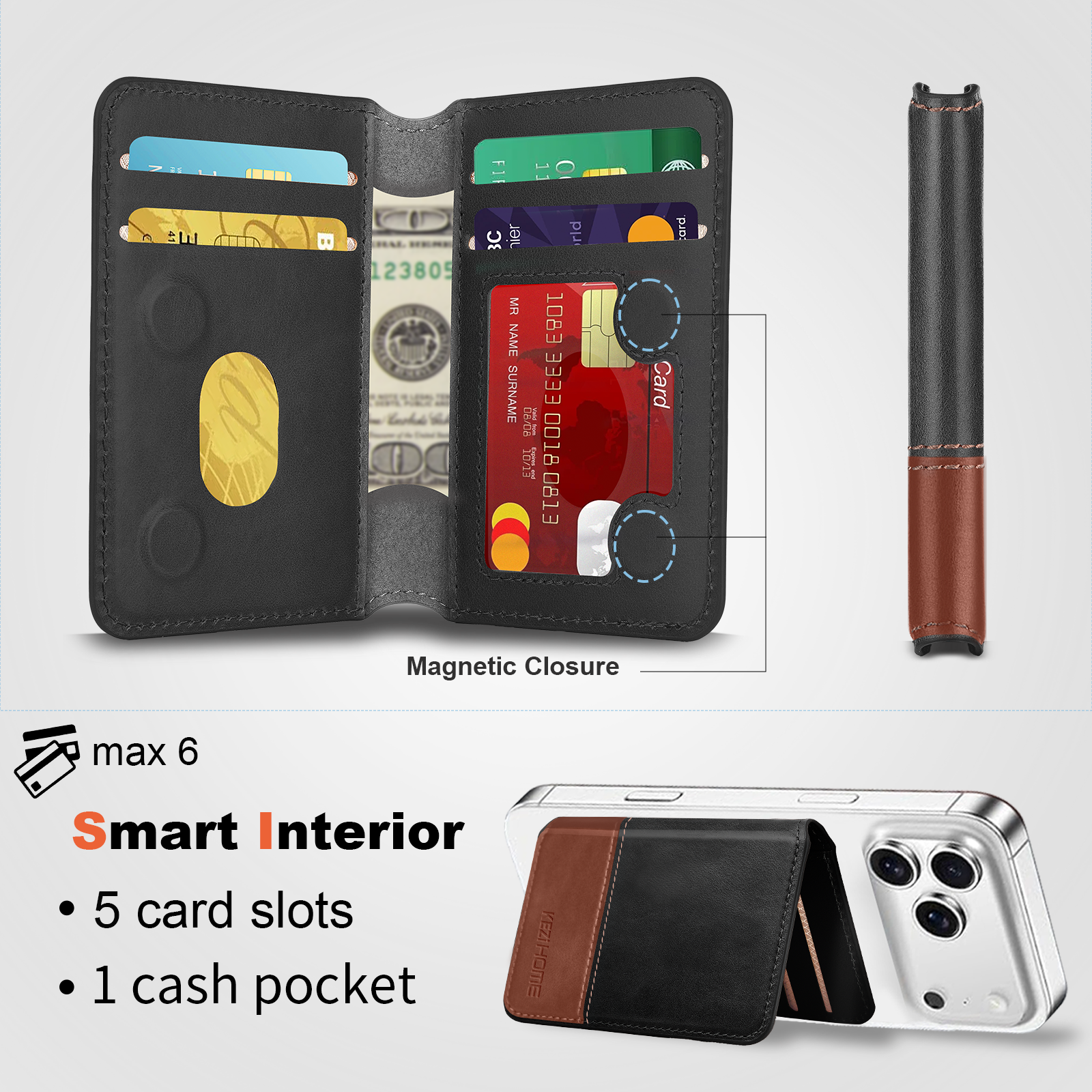 KEZiHOME for MagSafe Wallet with Stand, Genuine Leather 6 Card Holders[RFID Blocking] Minimalist Magnetic Wallet for iPhone 17/16/15/14/13/12 Series with MagSafe Phone Case