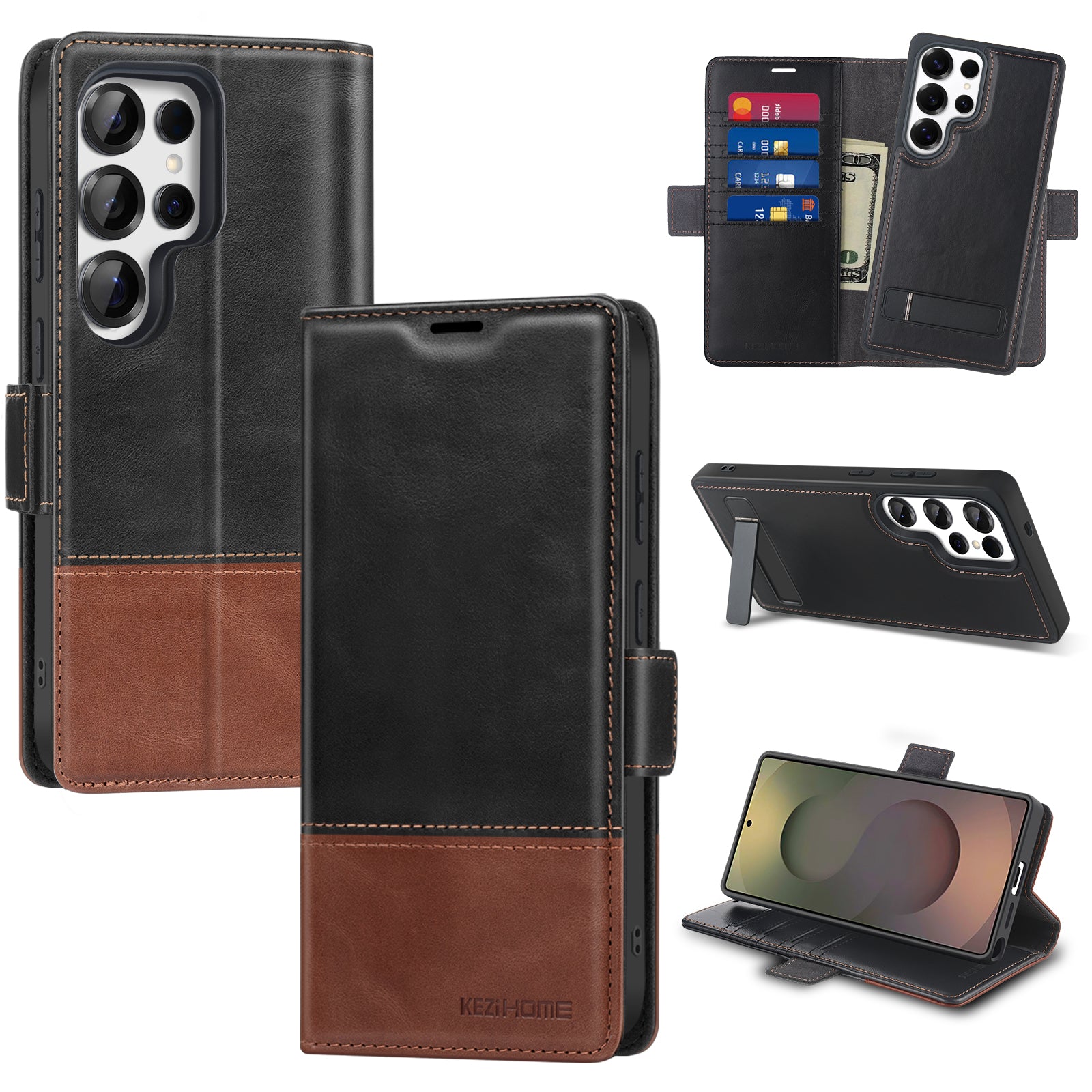 KEZiHOME Wallet Case for Samsung Galaxy S25 Ultra Genuine Leather [2 in 1] Detachable Card Slots[RFID Blocking] Kickstand Magnetic Wireless Charging Cover for Galaxy S25 Ultra