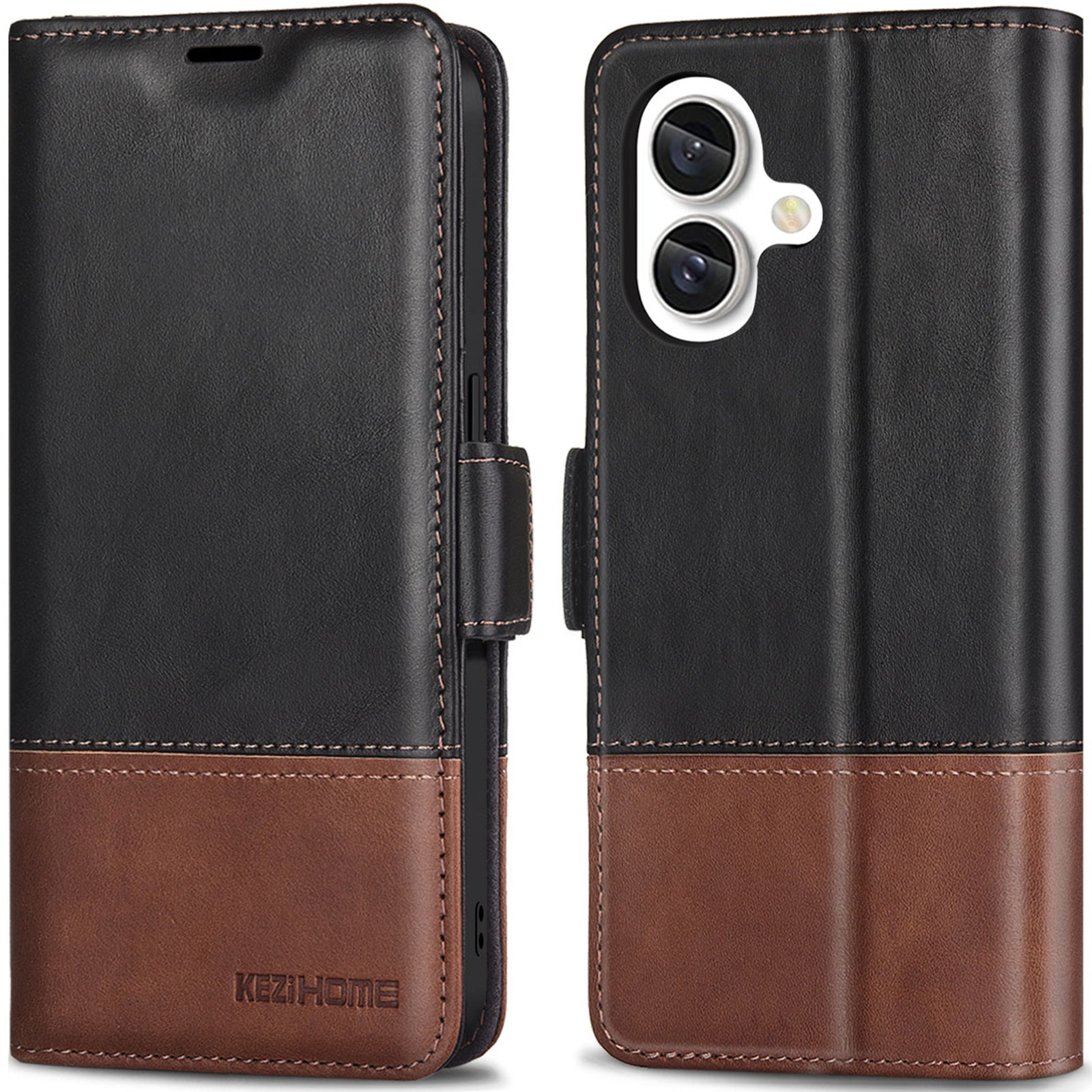 KEZiHOME Compatible with iPhone 16 Wallet Case, Genuine Leather RFID Blocking with Card Holder, Magnetic Kickstand Phone Flip Cover for iPhone 16 5G 6.1 inch
