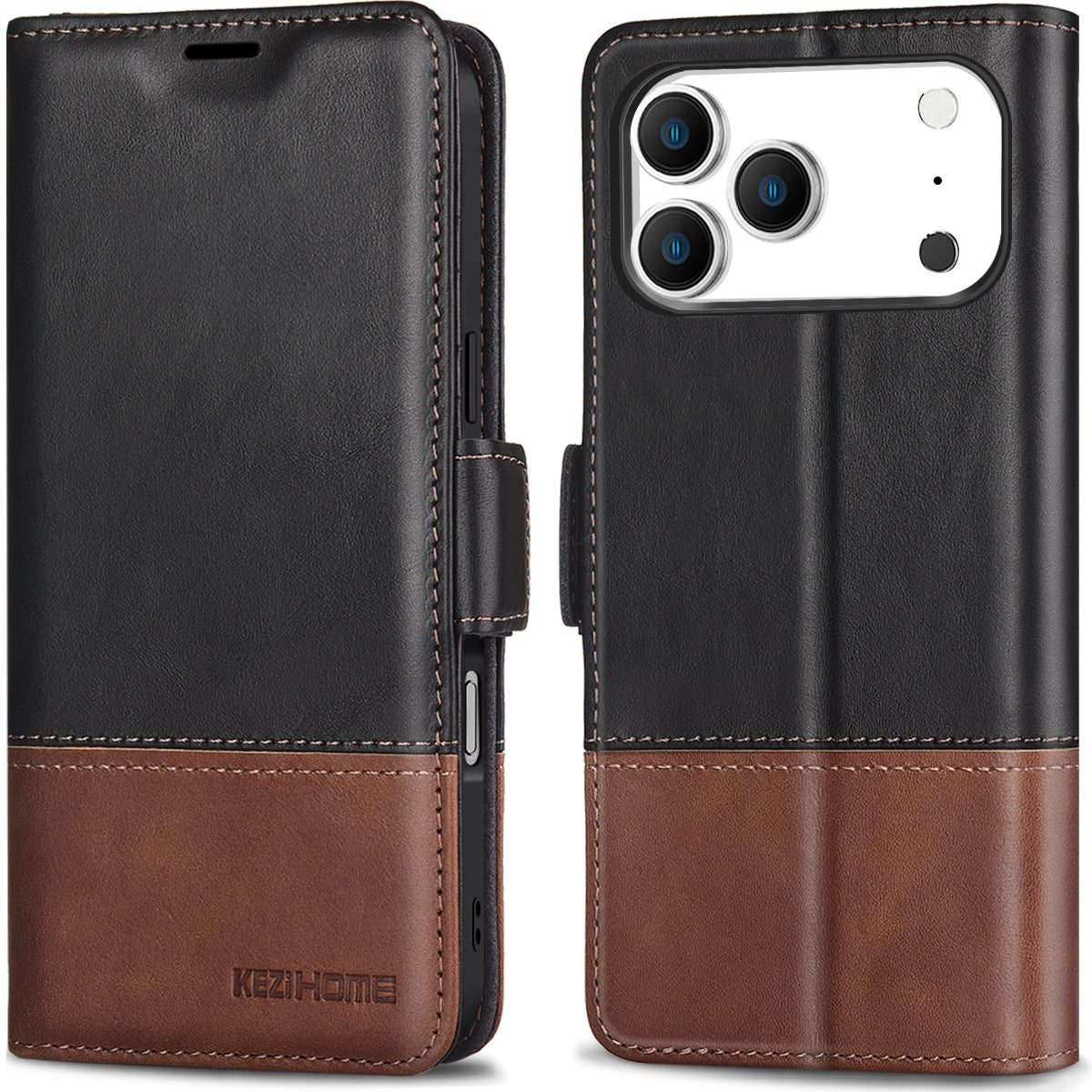 KEZiHOME Compatible with iPhone 17 pro max Wallet case, Shockproof Genuine Leather[RFID Blocking]Card Slot Magnetic Stand Filio Phone case for iPhone 17 pro max 5G\