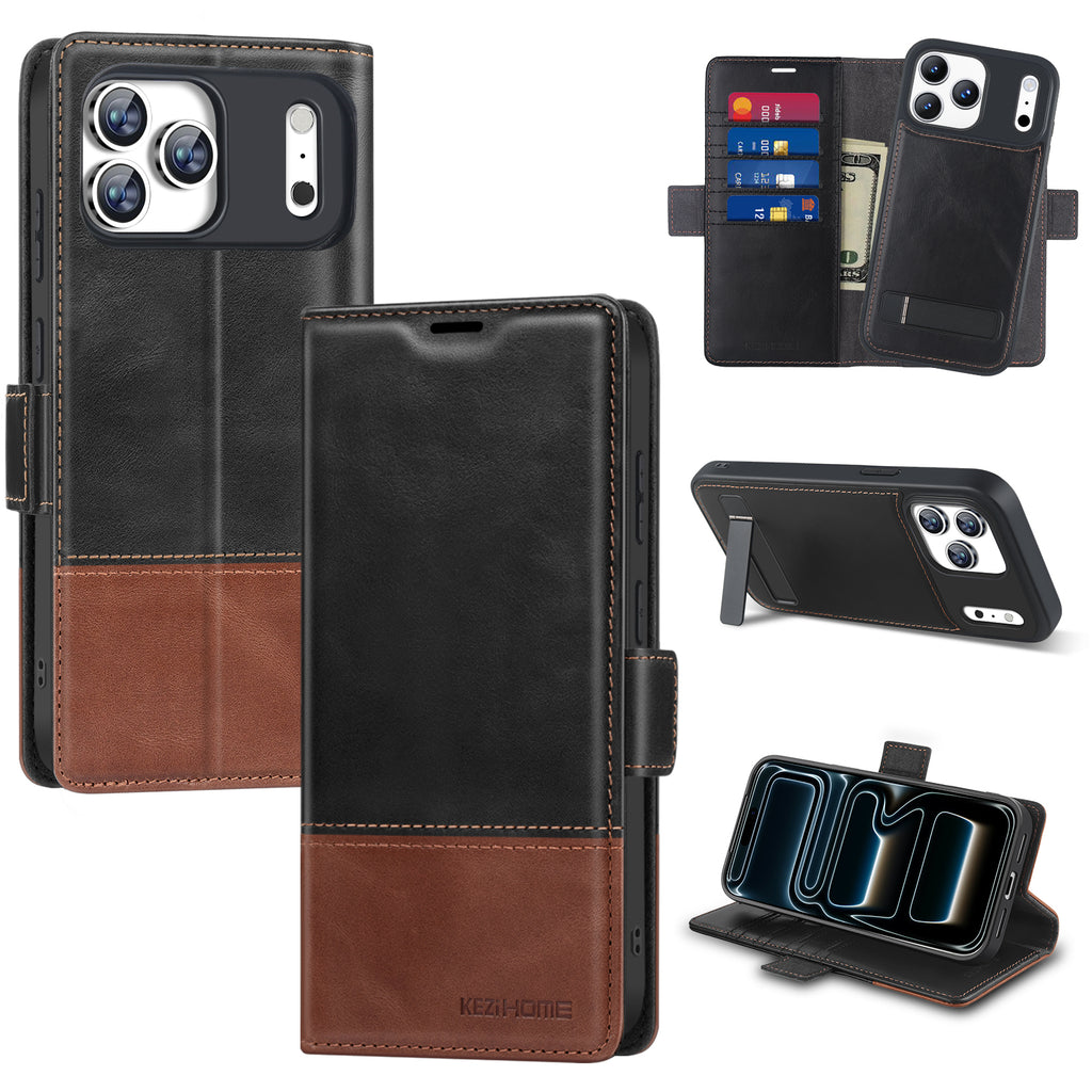 KEZiHOME Genuine Leather Case Compatible with iPhone 17 Pro Max Magnetic Detachable [2 in 1] Wallet with Kickstand Removable Card Slots[RFID Blocking] Wireless Charging cover with 17 Pro Max