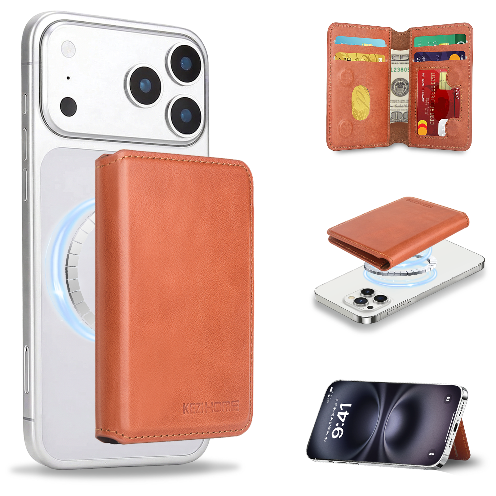 KEZiHOME for MagSafe Wallet with Stand, Genuine Leather 6 Card Holders[RFID Blocking] Minimalist Magnetic Wallet for iPhone 17/16/15/14/13/12 Series with MagSafe Phone Case