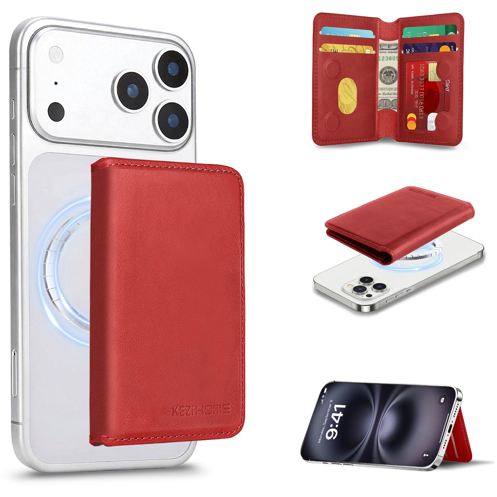KEZiHOME for MagSafe Wallet with Stand, Genuine Leather 6 Card Holders[RFID Blocking] Minimalist Magnetic Wallet for iPhone 17/16/15/14/13/12 Series with MagSafe Phone Case