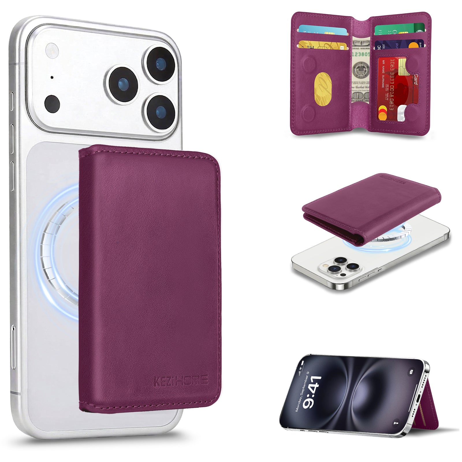 KEZiHOME for MagSafe Wallet with Stand, Genuine Leather 6 Card Holders[RFID Blocking] Minimalist Magnetic Wallet for iPhone 17/16/15/14/13/12 Series with MagSafe Phone Case