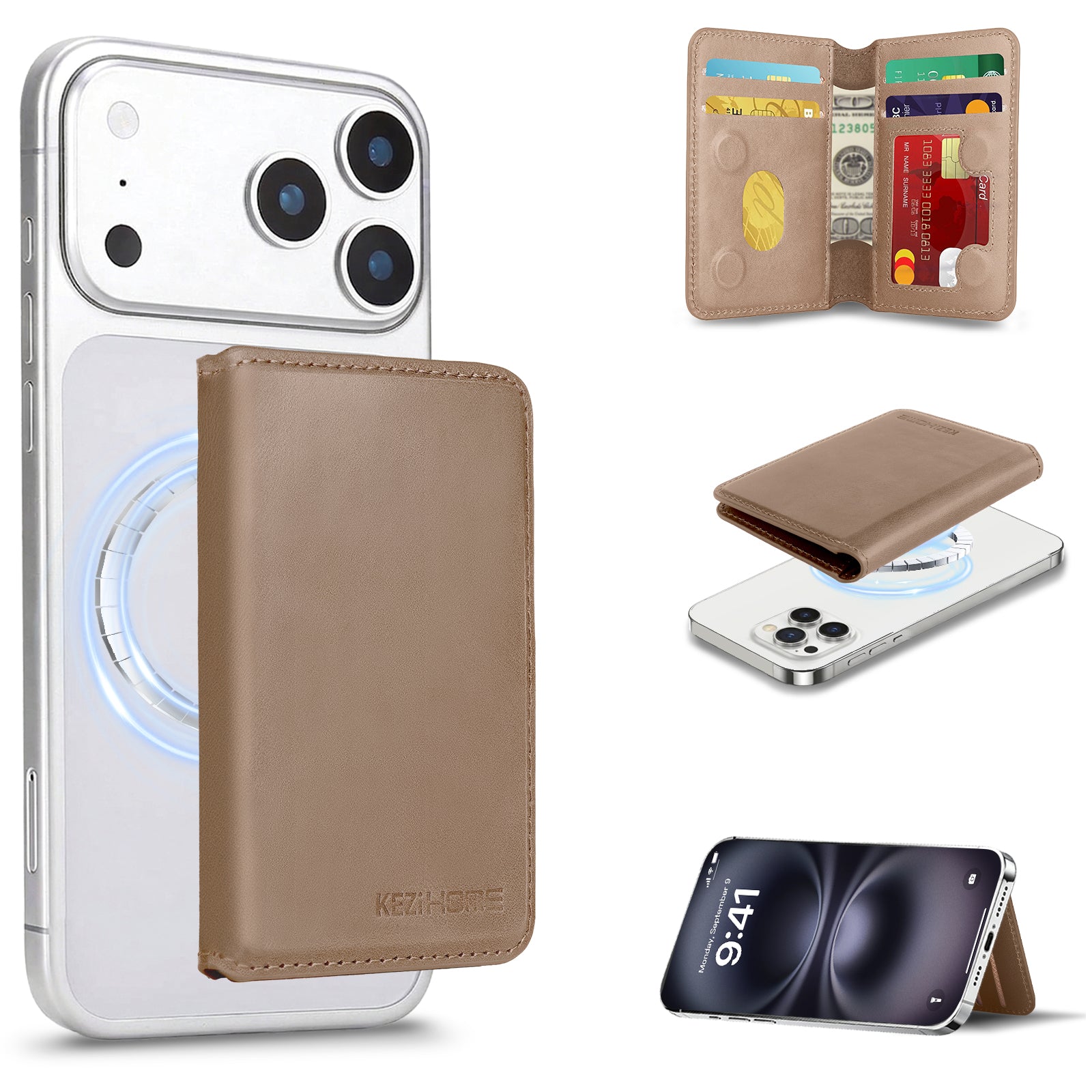 KEZiHOME for MagSafe Wallet with Stand, Genuine Leather 6 Card Holders[RFID Blocking] Minimalist Magnetic Wallet for iPhone 17/16/15/14/13/12 Series with MagSafe Phone Case