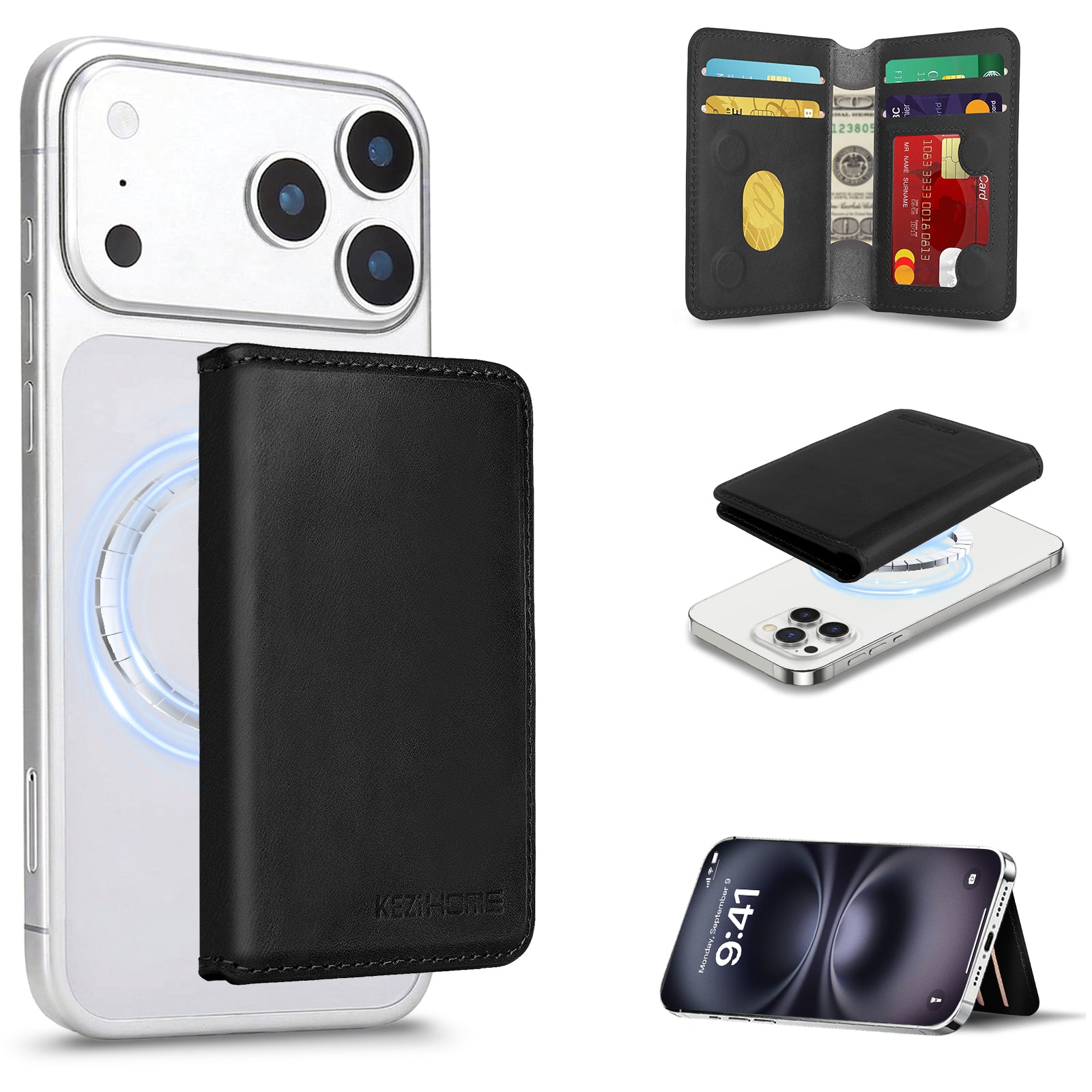 KEZiHOME for MagSafe Wallet with Stand, Genuine Leather 6 Card Holders[RFID Blocking] Minimalist Magnetic Wallet for iPhone 17/16/15/14/13/12 Series with MagSafe Phone Case