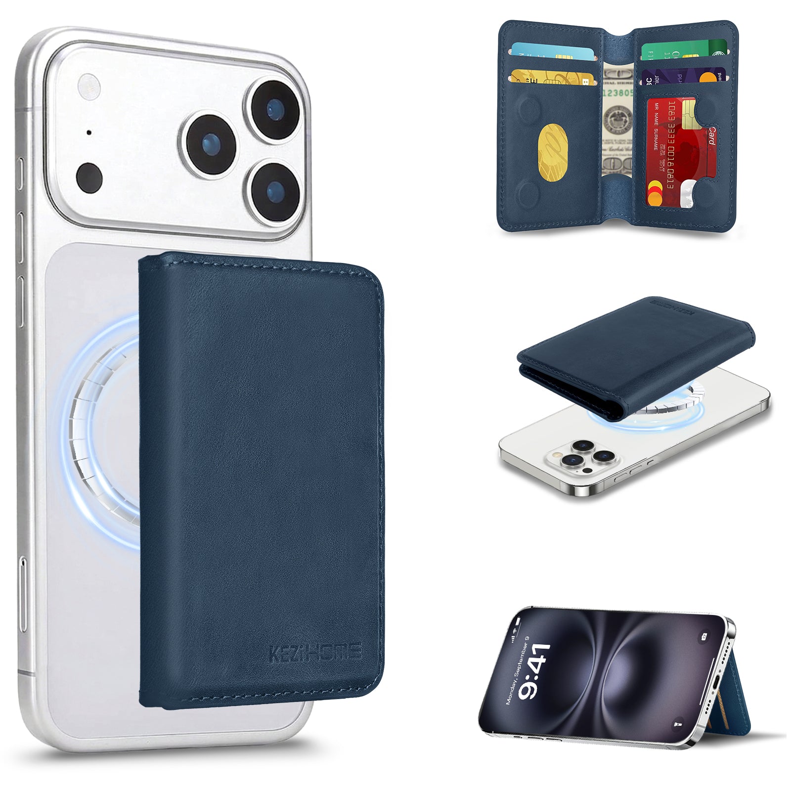 KEZiHOME for MagSafe Wallet with Stand, Genuine Leather 6 Card Holders[RFID Blocking] Minimalist Magnetic Wallet for iPhone 17/16/15/14/13/12 Series with MagSafe Phone Case