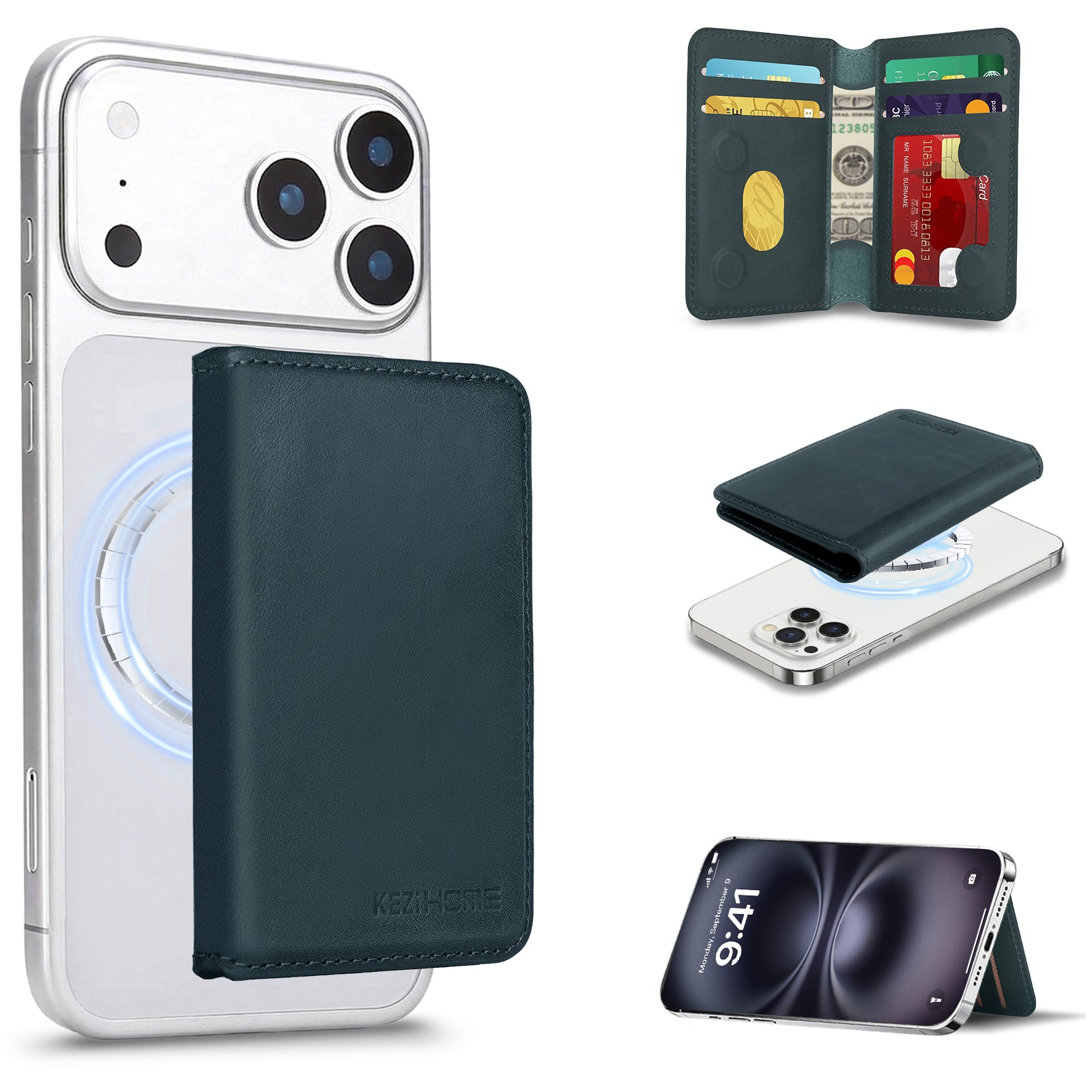 KEZiHOME for MagSafe Wallet with Stand, Genuine Leather 6 Card Holders[RFID Blocking] Minimalist Magnetic Wallet for iPhone 17/16/15/14/13/12 Series with MagSafe Phone Case