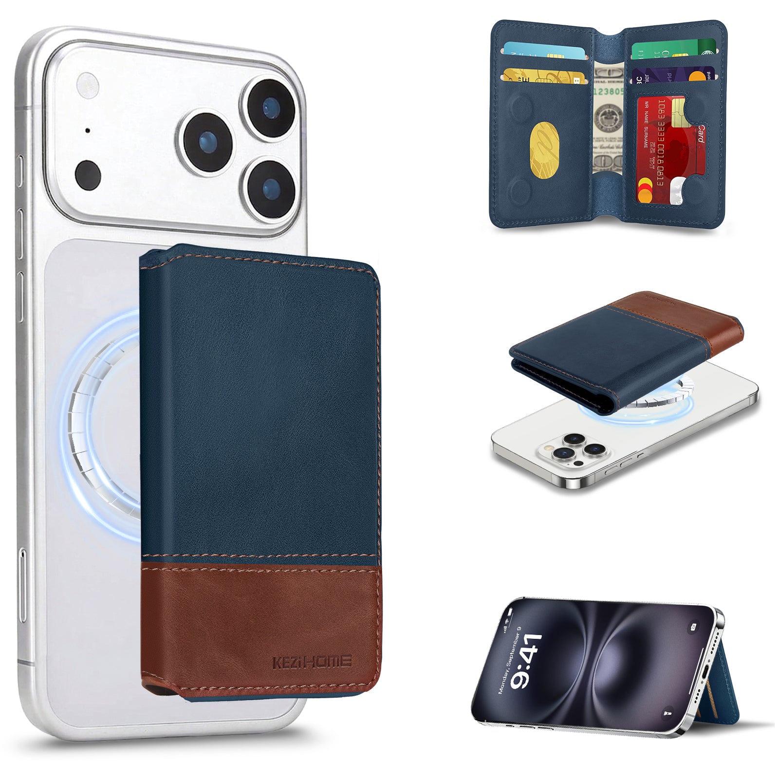 KEZiHOME for MagSafe Wallet with Stand, Genuine Leather 6 Card Holders[RFID Blocking] Minimalist Magnetic Wallet for iPhone 17/16/15/14/13/12 Series with MagSafe Phone Case