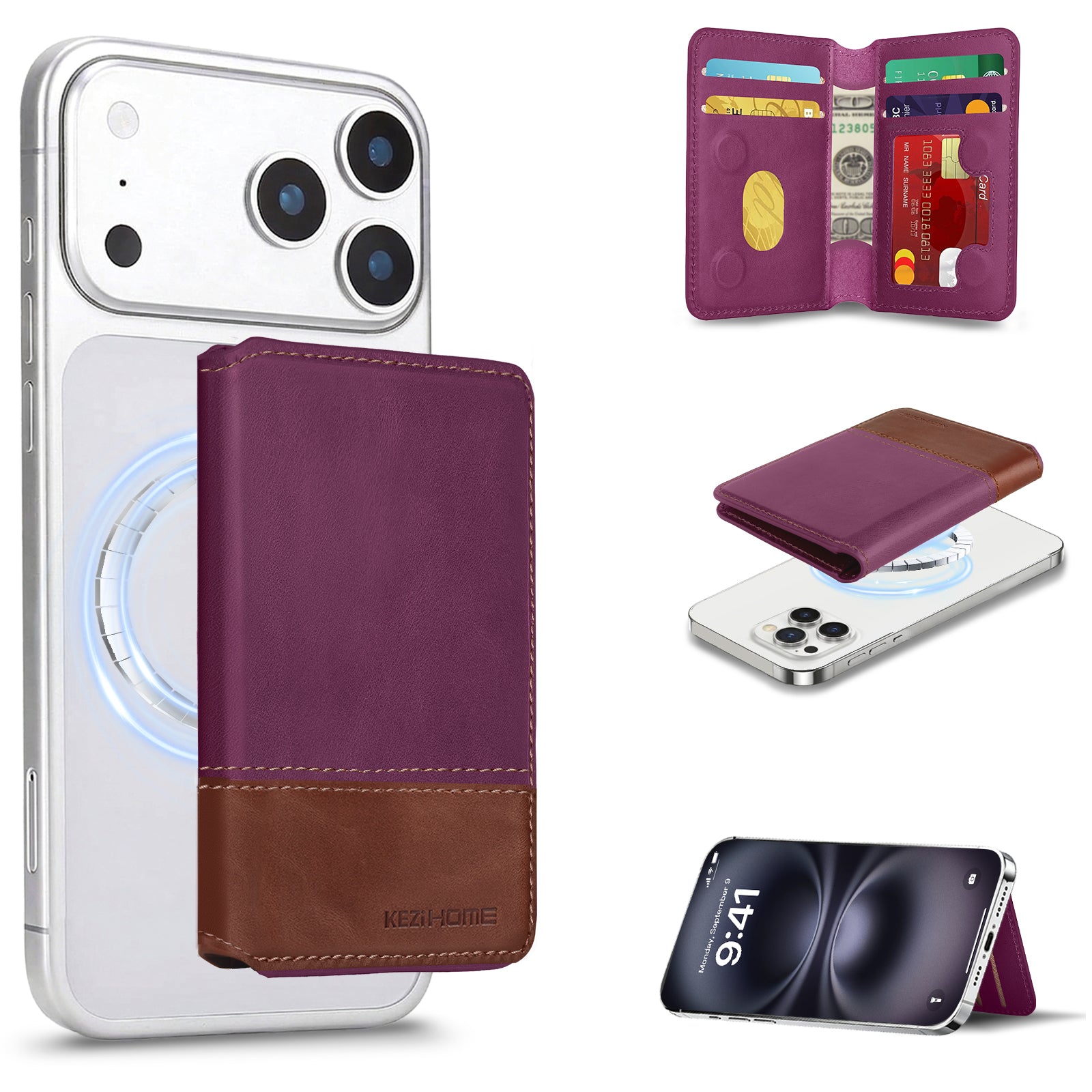KEZiHOME for MagSafe Wallet with Stand, Genuine Leather 6 Card Holders[RFID Blocking] Minimalist Magnetic Wallet for iPhone 17/16/15/14/13/12 Series with MagSafe Phone Case