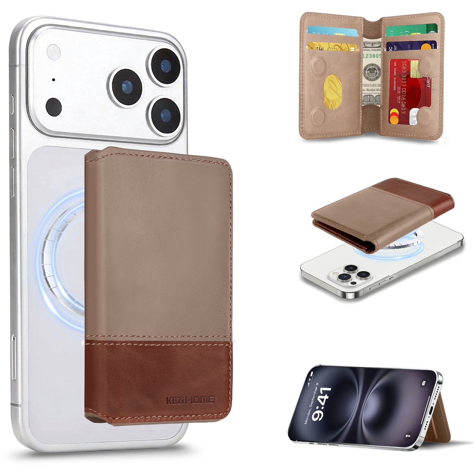 KEZiHOME for MagSafe Wallet with Stand, Genuine Leather 6 Card Holders[RFID Blocking] Minimalist Magnetic Wallet for iPhone 17/16/15/14/13/12 Series with MagSafe Phone Case