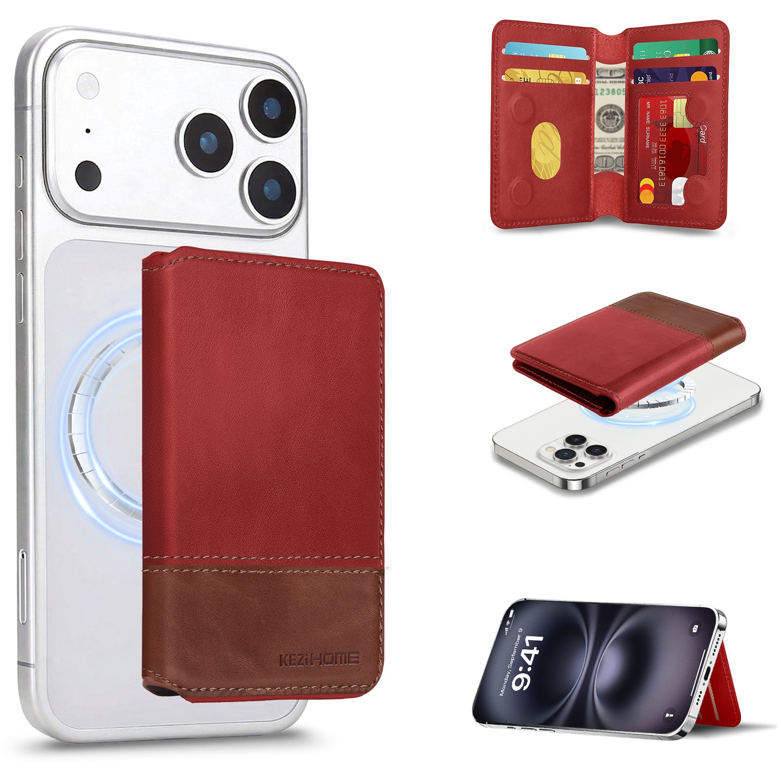 KEZiHOME for MagSafe Wallet with Stand, Genuine Leather 6 Card Holders[RFID Blocking] Minimalist Magnetic Wallet for iPhone 17/16/15/14/13/12 Series with MagSafe Phone Case