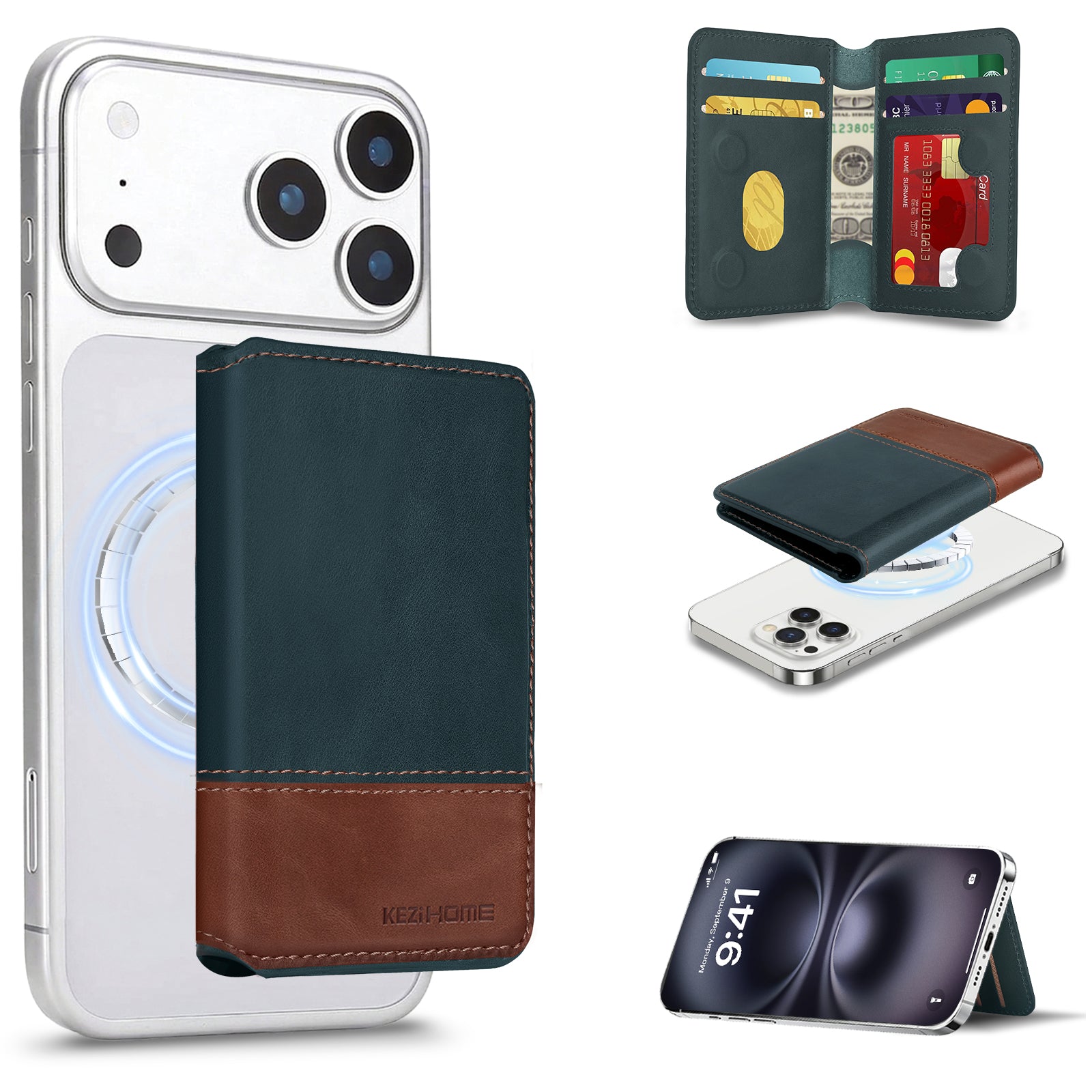 KEZiHOME for MagSafe Wallet with Stand, Genuine Leather 6 Card Holders[RFID Blocking] Minimalist Magnetic Wallet for iPhone 17/16/15/14/13/12 Series with MagSafe Phone Case