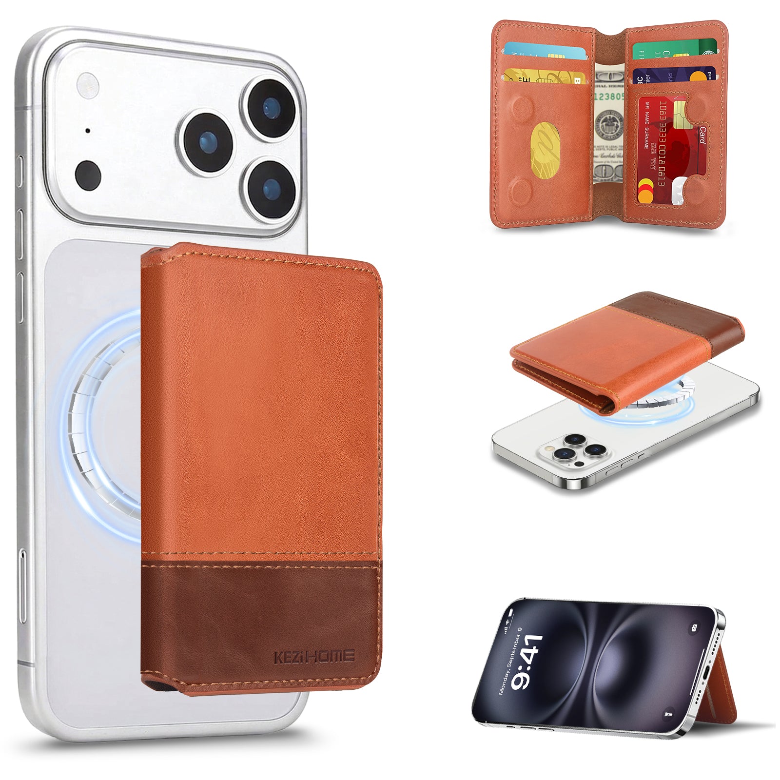 KEZiHOME for MagSafe Wallet with Stand, Genuine Leather 6 Card Holders[RFID Blocking] Minimalist Magnetic Wallet for iPhone 17/16/15/14/13/12 Series with MagSafe Phone Case