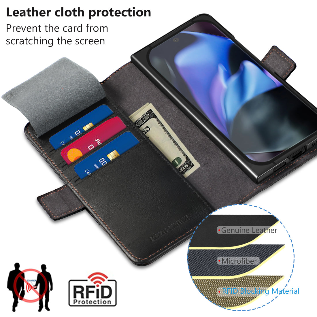KEZiHOME Case for Google Pixel 10 Pro Fold, Genuine Leather Wallet Case with Card Slot[RFID Blocking] Kickstand Magnetic Filio Protective Phone case for Pixel 10 Pro Fold