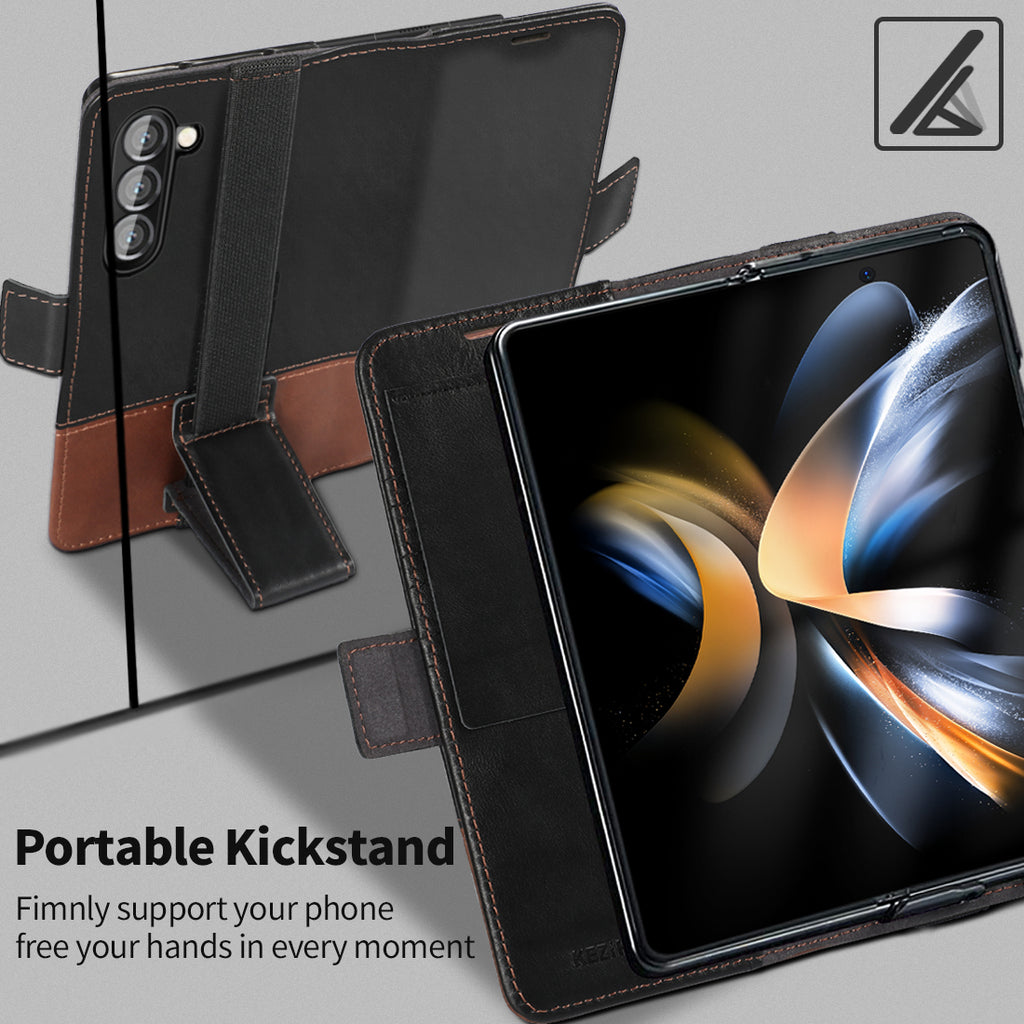 KEZiHOME for Samsung Galaxy Z Fold 5 Case, Genuine Leather Wallet Case [RFID Blocking] with Card Holder Kickstand Protective Phone Flip Cover Compatible with Galaxy Z Fold 5