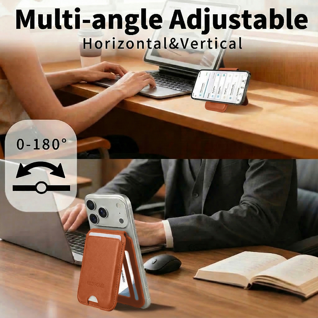 KEZiHOME for MagSafe Wallet, Genuine Leather 5-6 Card Holder[RFID Blocking] with Adjustable Stand, Strong Magnetic Wallet for iPhone 17/16/15/14/13/12 Series