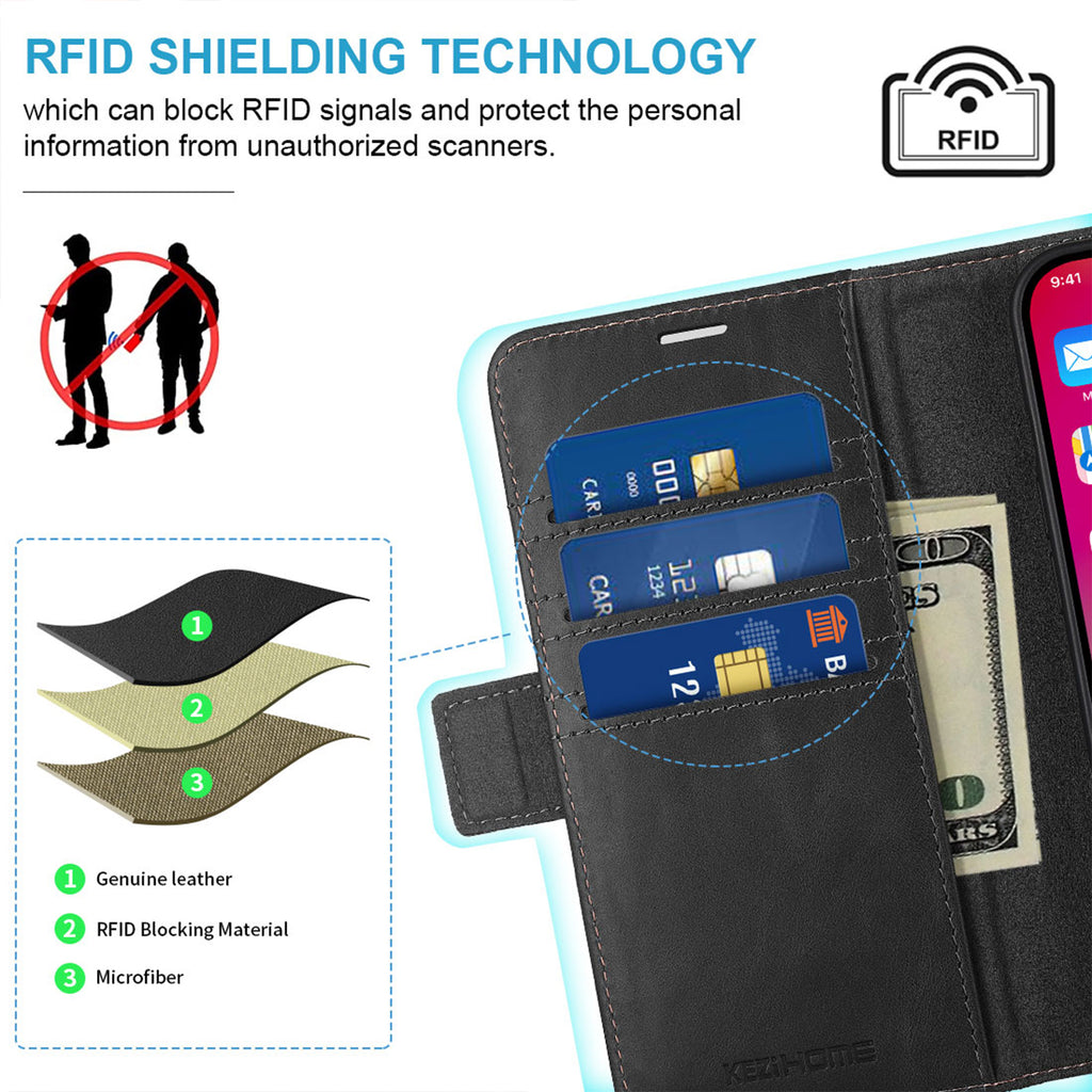 KEZiHOME Compatible with iPhone 16 Wallet Case, Genuine Leather RFID Blocking with Card Holder, Magnetic Kickstand Phone Flip Cover for iPhone 16 5G 6.1 inch