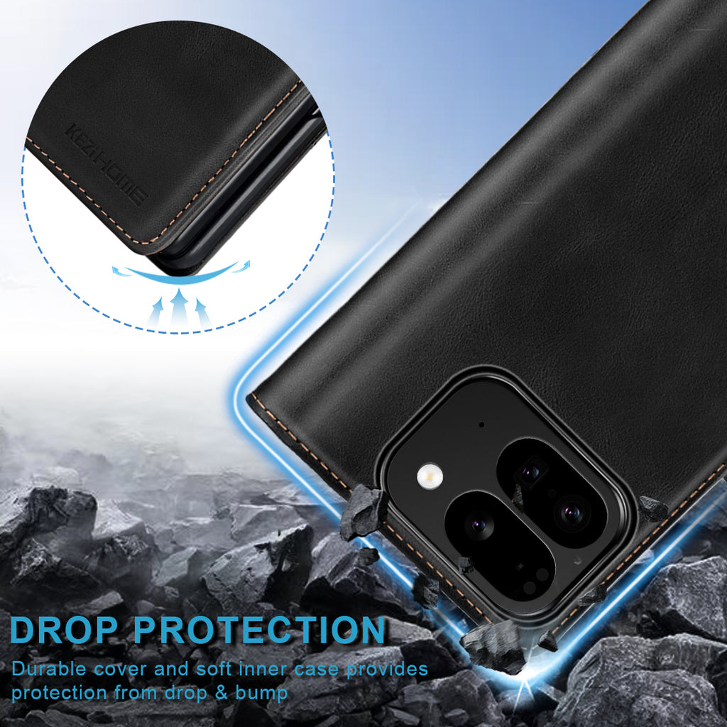 KEZiHOME Case for Google Pixel 10 Pro Fold, Genuine Leather Wallet Case with Card Slot[RFID Blocking] Kickstand Magnetic Filio Protective Phone case for Pixel 10 Pro Fold