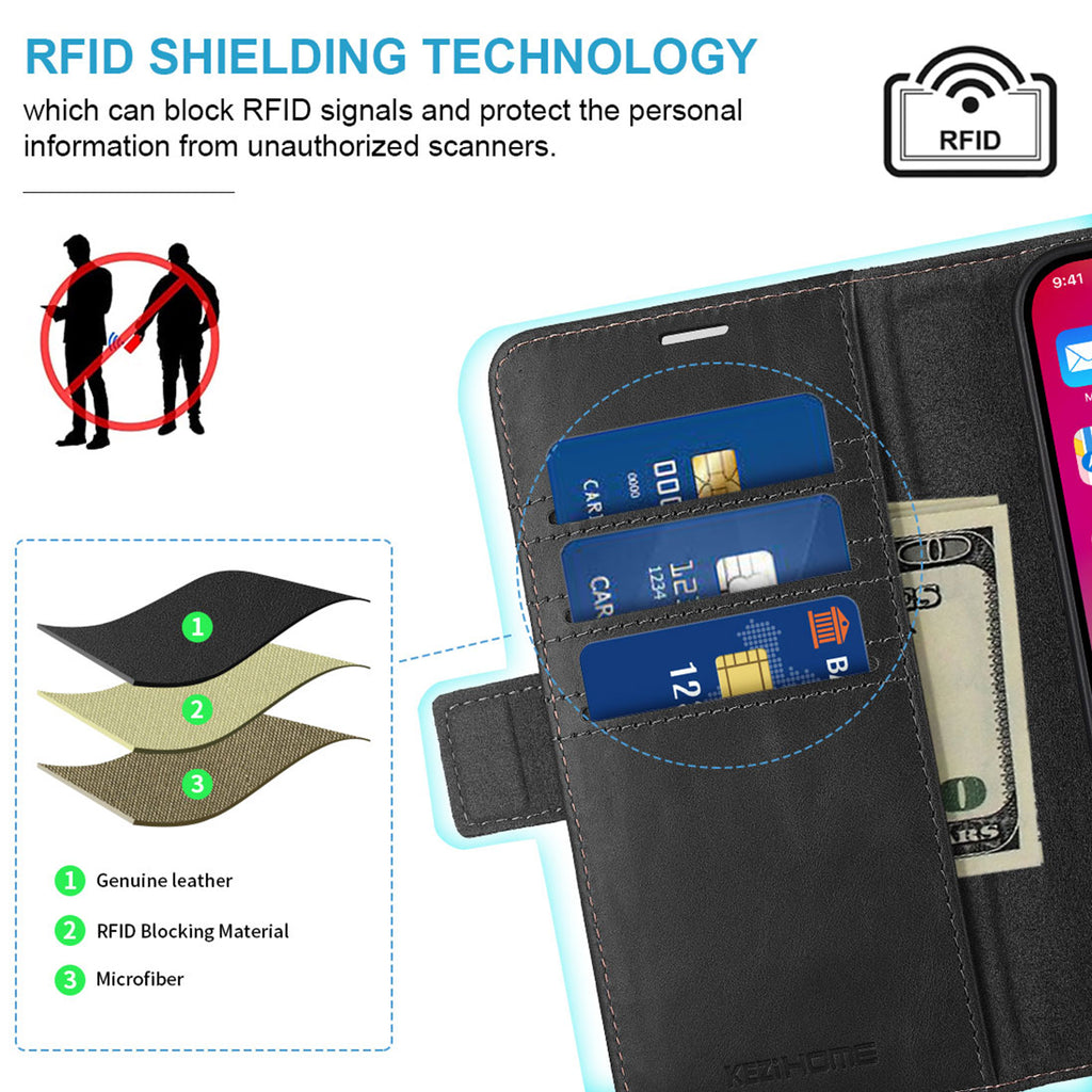 KEZiHOME Compatible with iPhone 17 pro max Wallet case, Shockproof Genuine Leather[RFID Blocking]Card Slot Magnetic Stand Filio Phone case for iPhone 17 pro max 5G\