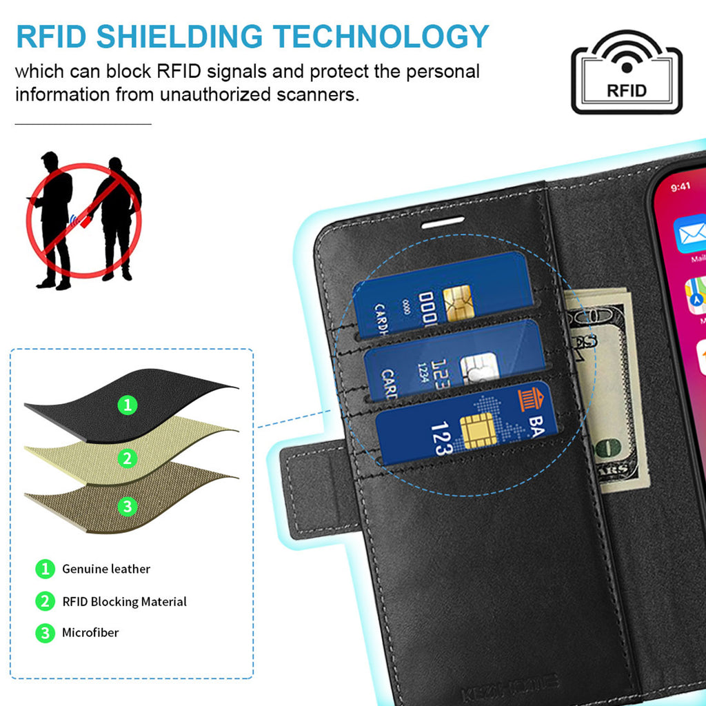 KEZiHOME Wallet Case for iPhone 16 Plus, Genuine Leather RFID Blocking with Card Holder, Magnetic Kickstand Phone Flip Cover Case Compatible with iPhone 16 Plus 5G 6.7 inch