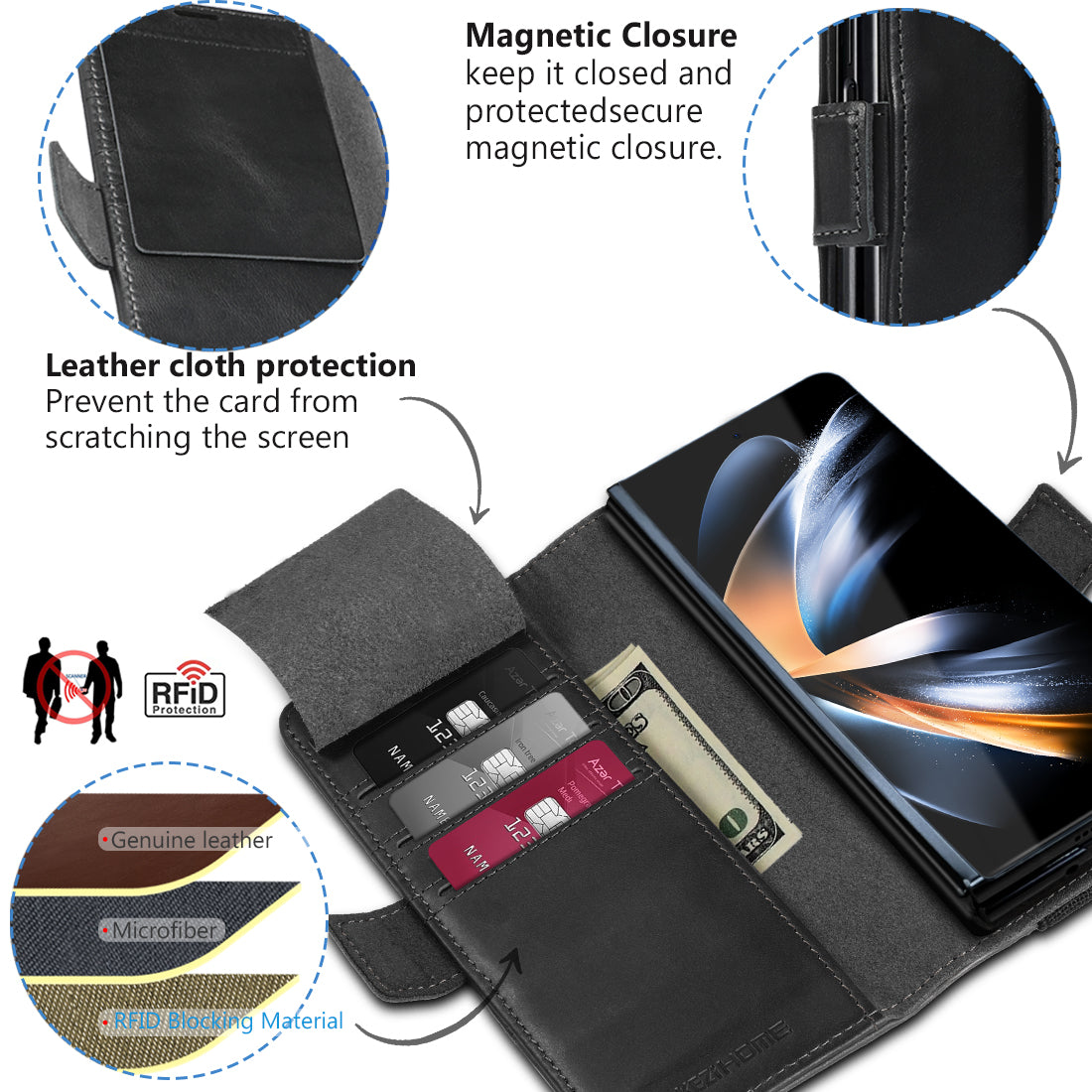 KEZiHOME for Samsung Galaxy Z Fold 6 Case, Genuine Leather Wallet Case [RFID Blocking] with Card Slots Stand Flip Protective Phone Cover Compatible with Galaxy Z Fold 6 5G