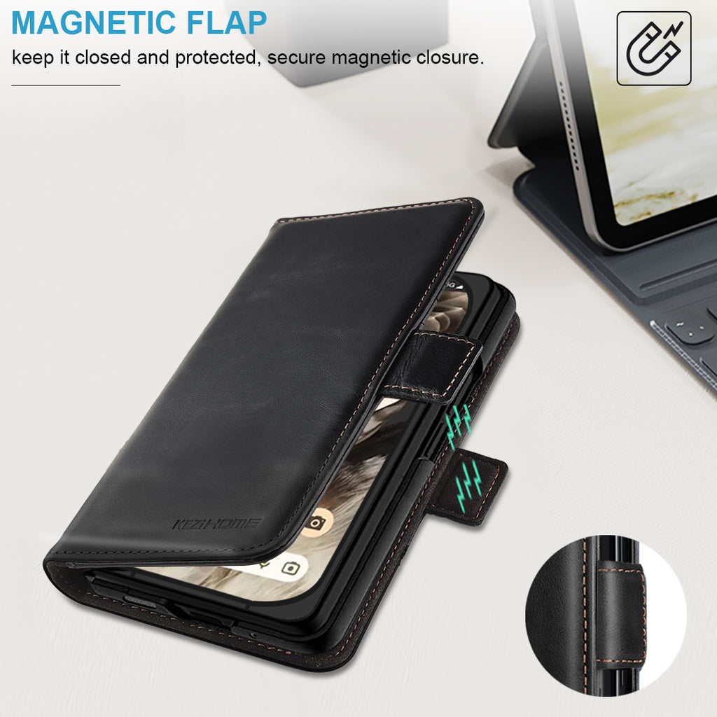 KEZiHOME Case for Google Pixel 10 Pro Fold, Genuine Leather Wallet Case with Card Slot[RFID Blocking] Kickstand Magnetic Filio Protective Phone case for Pixel 10 Pro Fold