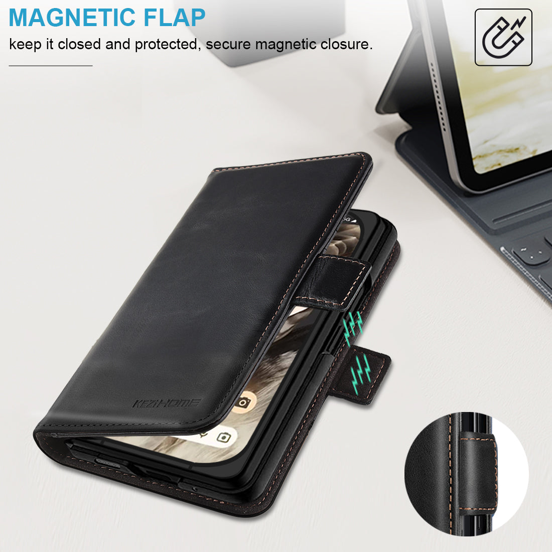 KEZiHOME Case for Google Pixel 10 Pro Fold, Genuine Leather Wallet Case with Card Slot[RFID Blocking] Kickstand Magnetic Filio Protective Phone case for Pixel 10 Pro Fold
