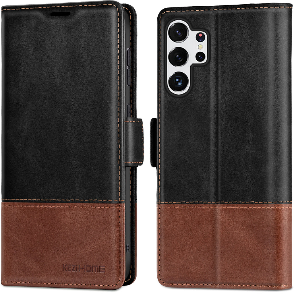 KEZiHOME Wallet Case for Samsung Galaxy S23 Ultra, Genuine Leather Galaxy S23 Ultra Case RFID Blocking Card Holder Magnetic Stand Shockproof TPU Cover Compatible with S23 Ultra