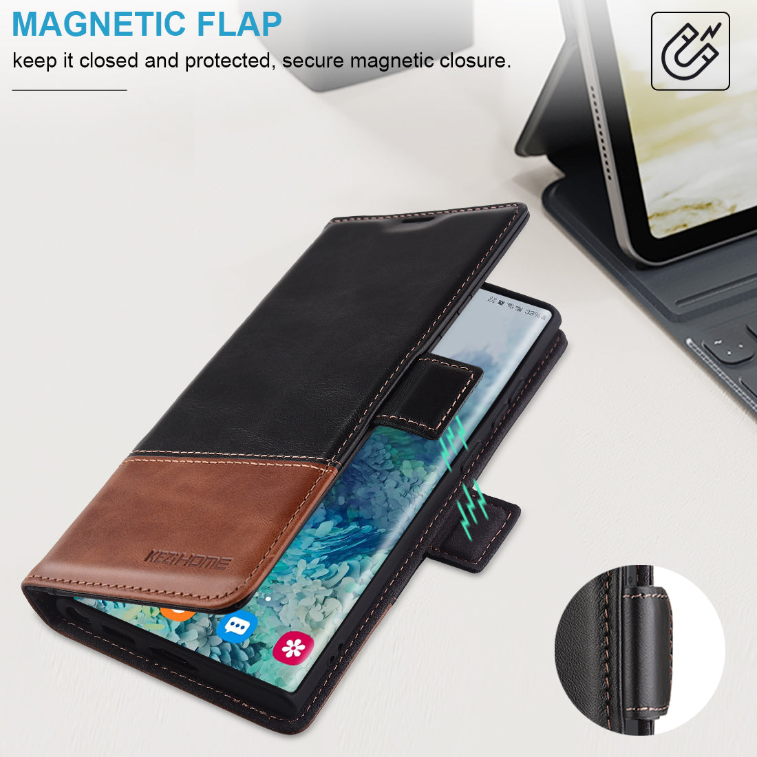 KEZiHOME Wallet Case for Samsung Galaxy S23 Ultra, Genuine Leather Galaxy S23 Ultra Case RFID Blocking Card Holder Magnetic Stand Shockproof TPU Cover Compatible with S23 Ultra