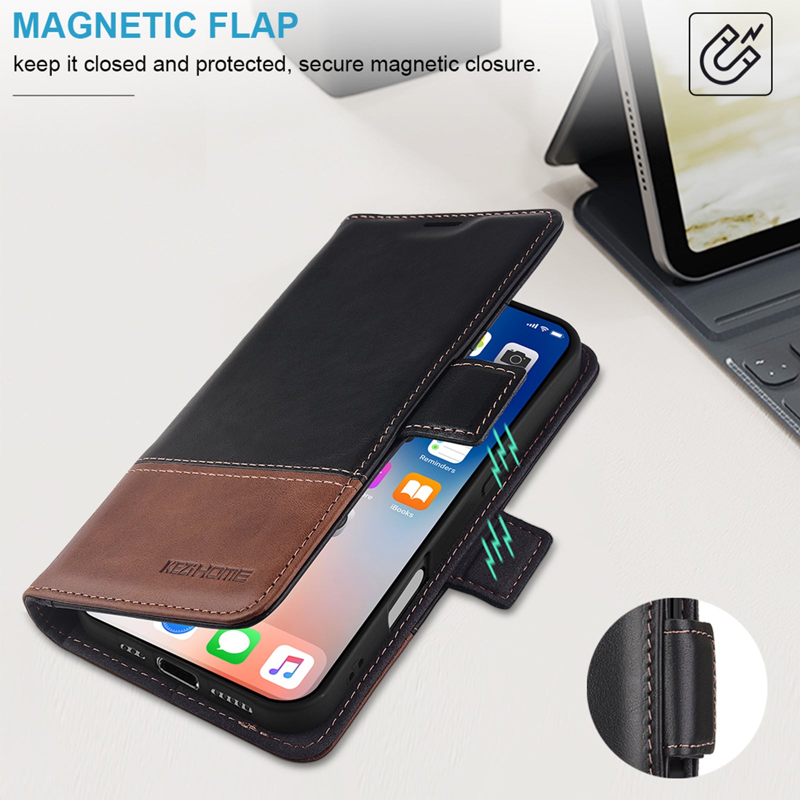 KEZiHOME Wallet Case Compatible with iPhone 16 Pro, Genuine Leather Folio Case with Card Holder, RFID Blocking Magnetic Stand Protective Phone Flip Cover Case for iPhone 16 Pro 6.3 inch 2024