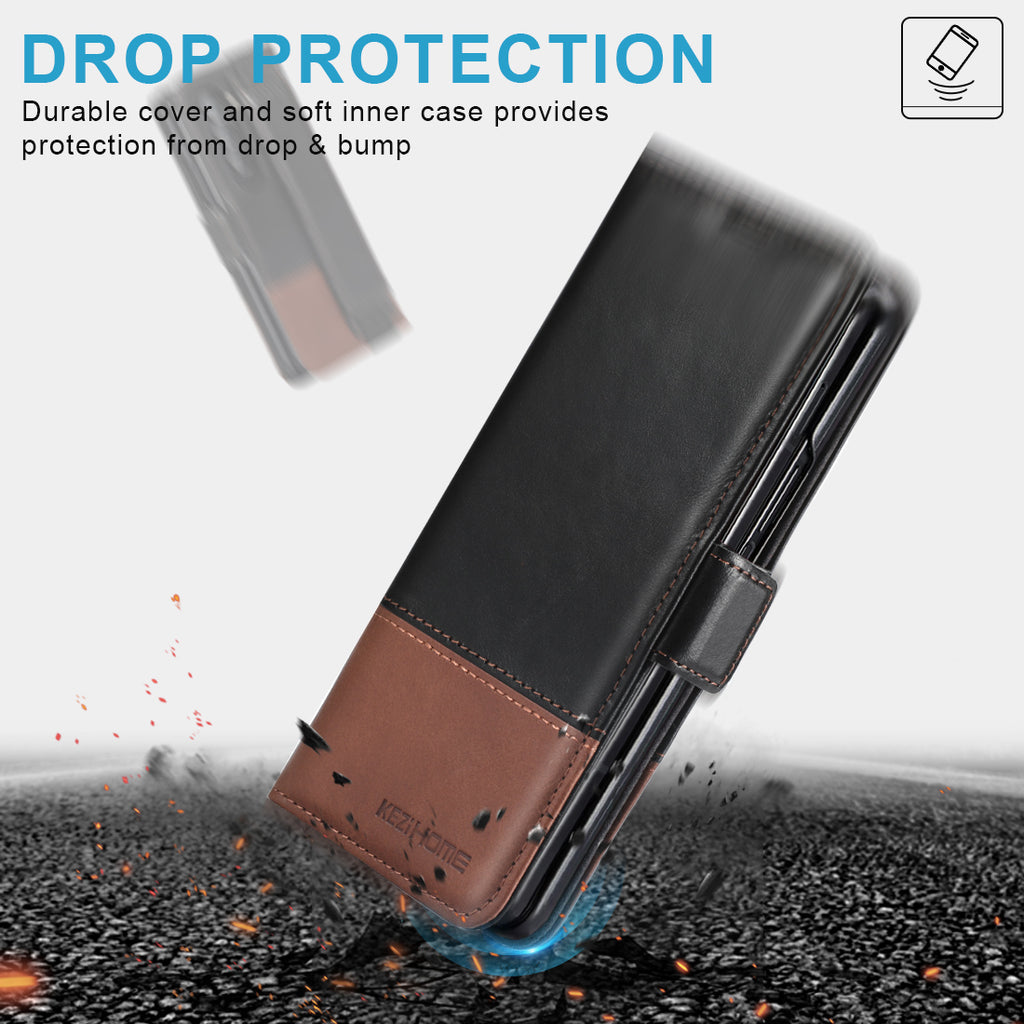 KEZiHOME for Samsung Galaxy Z Fold 5 Case, Genuine Leather Wallet Case [RFID Blocking] with Card Holder Kickstand Protective Phone Flip Cover Compatible with Galaxy Z Fold 5