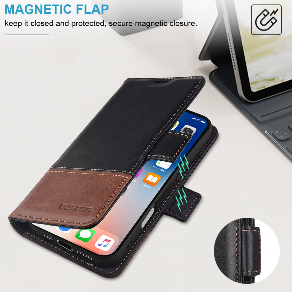KEZiHOME Compatible with iPhone 16 Wallet Case, Genuine Leather RFID Blocking with Card Holder, Magnetic Kickstand Phone Flip Cover for iPhone 16 5G 6.1 inch