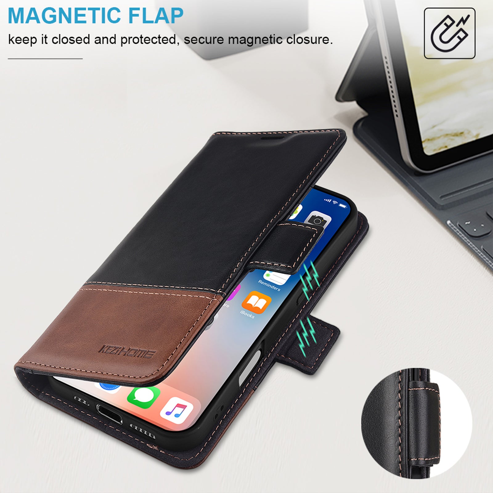 KEZiHOME Compatible with iPhone 16 Wallet Case, Genuine Leather RFID Blocking with Card Holder, Magnetic Kickstand Phone Flip Cover for iPhone 16 5G 6.1 inch