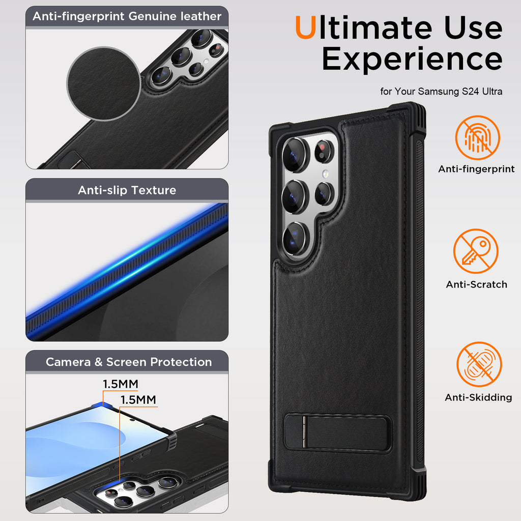 KEZiHOME for Samsung Galaxy S24 Ultra Case with Kickstand, Stronger Magnetic S24 Ultra Phone Cover, Genuine Leather Shockproof TPU Protection Bumper Design for Samsung S24 Ultra Case