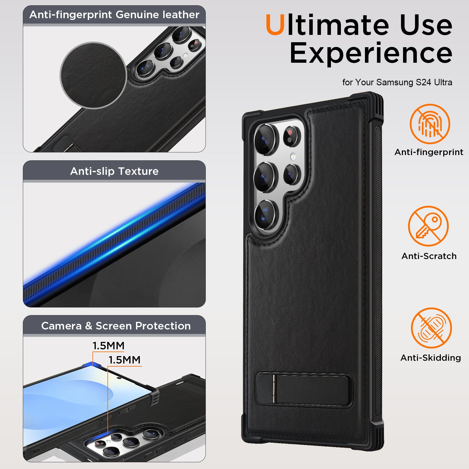 KEZiHOME for Samsung Galaxy S24 Ultra Case with Kickstand, Stronger Magnetic S24 Ultra Phone Cover, Genuine Leather Shockproof TPU Protection Bumper Design for Samsung S24 Ultra Case
