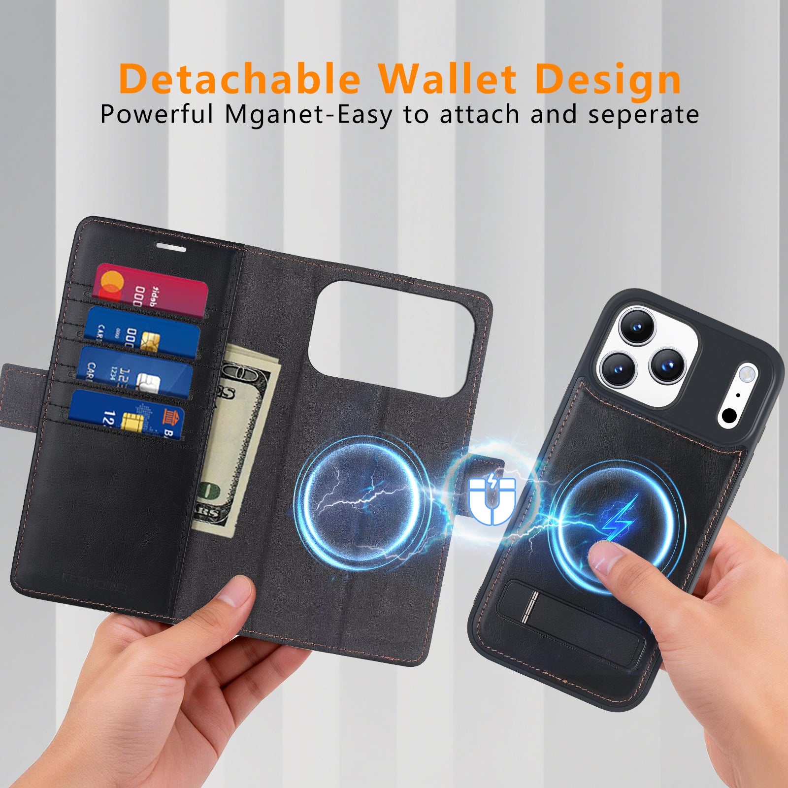 KEZiHOME Genuine Leather Case Compatible with iPhone 17 Pro Max Magnetic Detachable [2 in 1] Wallet with Kickstand Removable Card Slots[RFID Blocking] Wireless Charging cover with 17 Pro Max