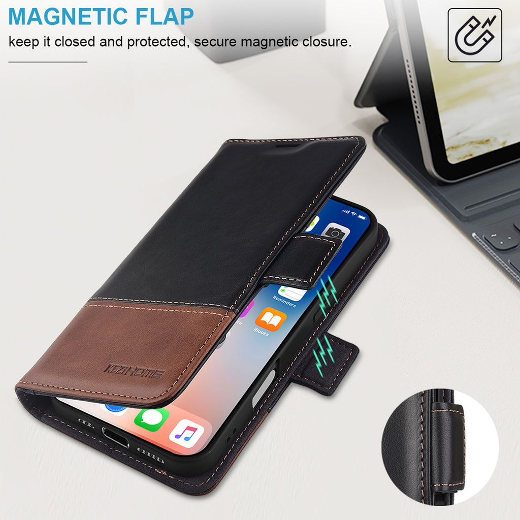 KEZiHOME Compatible with iPhone 16 Pro Max Wallet Case, Genuine Leather Case Flip Cover, RFID Blocking Card Holder Magnetic Stand Flip Phone Case for iPhone 16 Pro Max 5G 6.9 inch