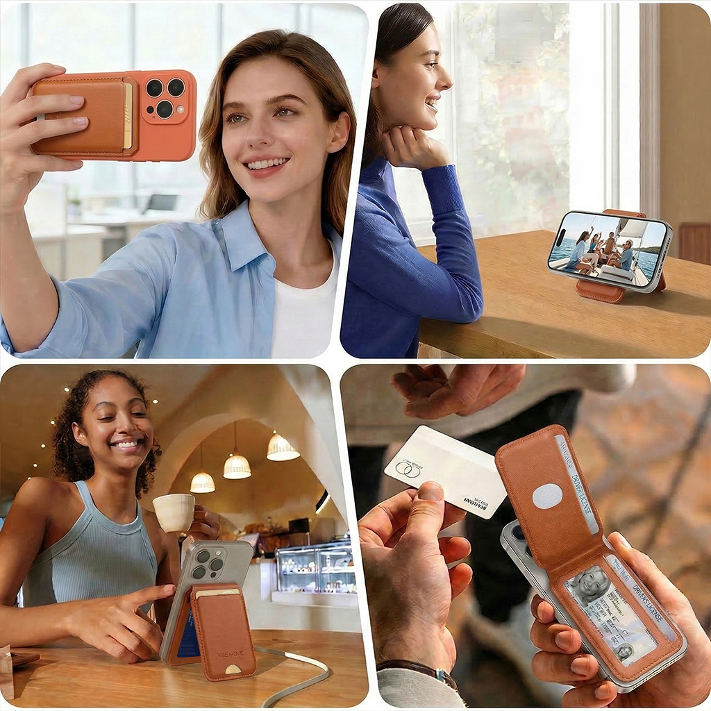 KEZiHOME for MagSafe Wallet, Genuine Leather 5-6 Card Holder[RFID Blocking] with Adjustable Stand, Strong Magnetic Wallet for iPhone 17/16/15/14/13/12 Series