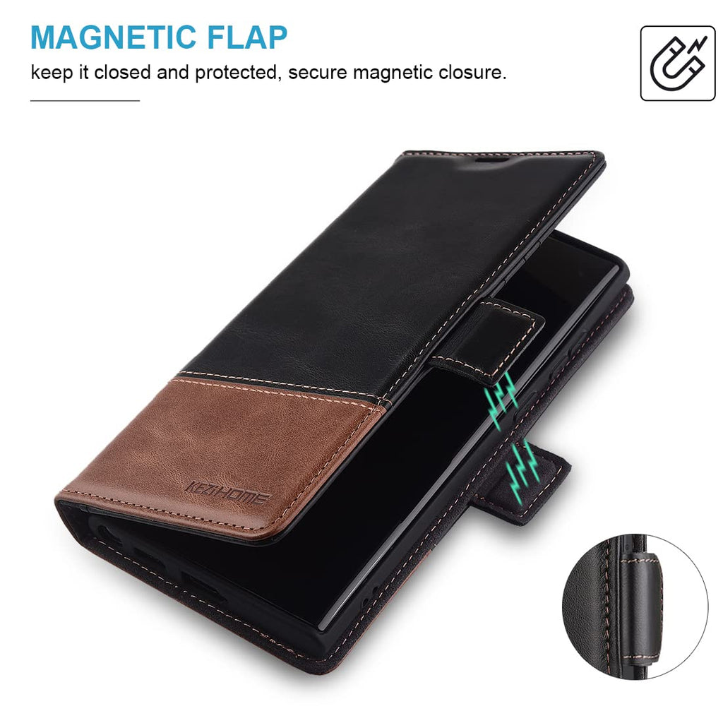 KEZiHOME Galaxy S22 Ultra Case, Genuine Leather [RFID Blocking] Wallet Case Card Slot Flip Magnetic Stand Phone Cover Compatible with Samsung Galaxy S22 Ultra (2022)