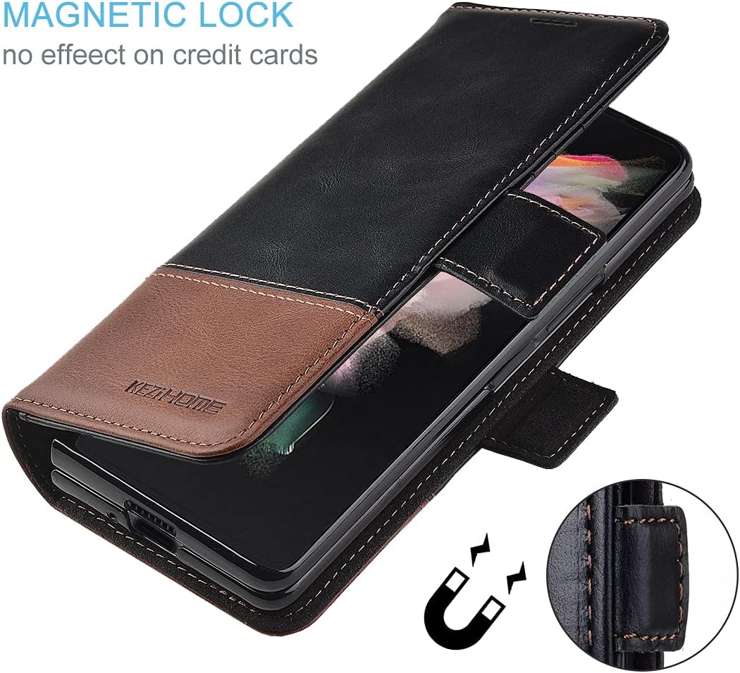 KEZiHOME Genuine Leather Galaxy Z Fold 3 Wallet Case [RFID Blocking] with Card Slot Flip Kickstand Phone Cover Compatible with Galaxy Z Fold 3