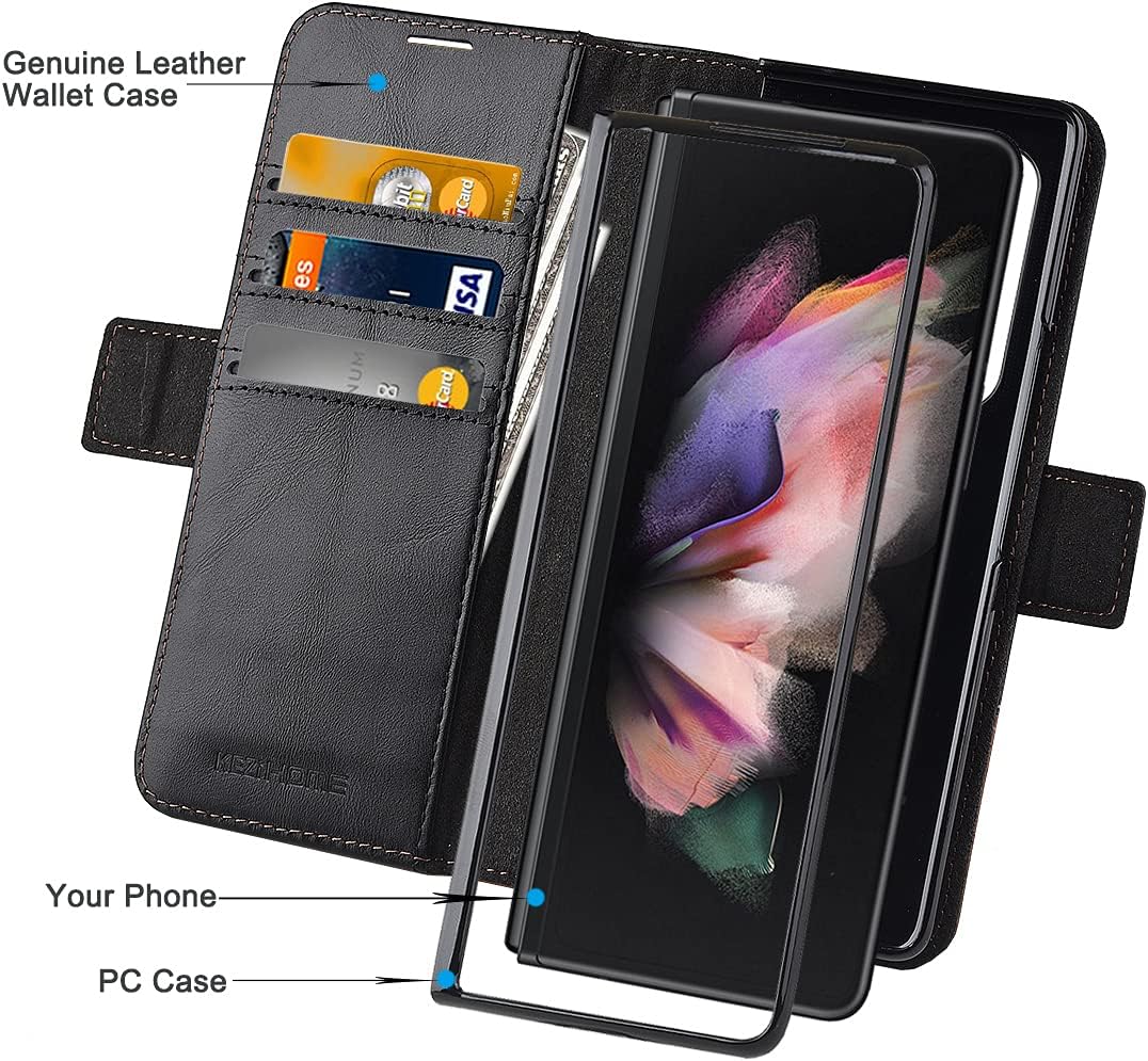 KEZiHOME Genuine Leather Galaxy Z Fold 3 Wallet Case [RFID Blocking] with Card Slot Flip Kickstand Phone Cover Compatible with Galaxy Z Fold 3