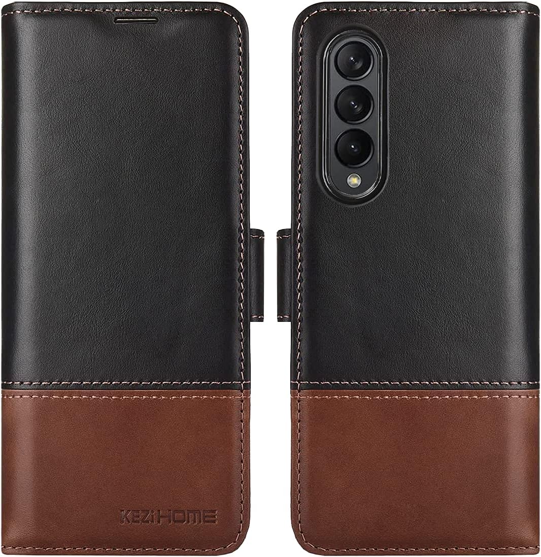 KEZiHOME Genuine Leather Galaxy Z Fold 3 Wallet Case [RFID Blocking] with Card Slot Flip Kickstand Phone Cover Compatible with Galaxy Z Fold 3