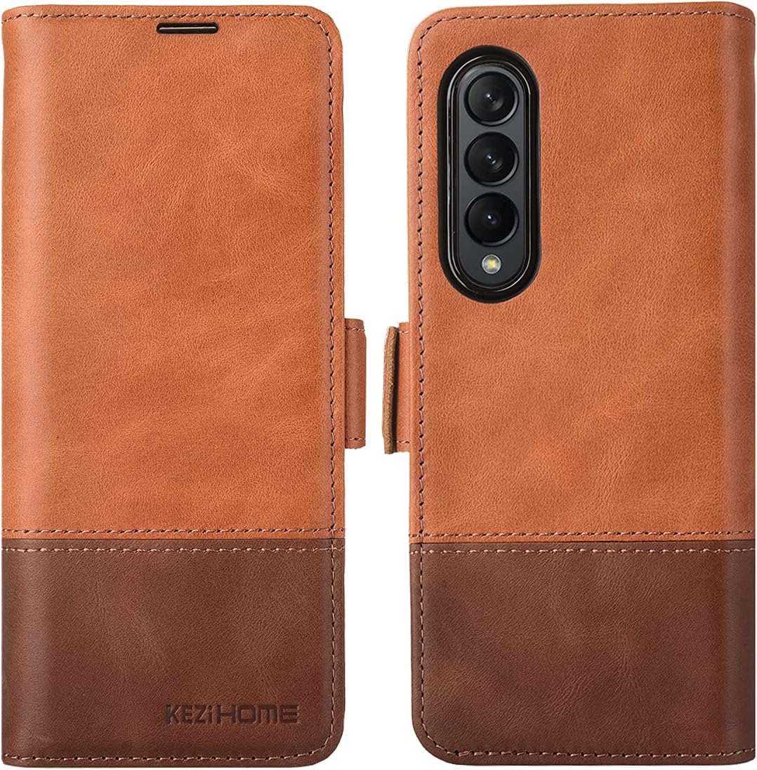 KEZiHOME Genuine Leather Galaxy Z Fold 3 Wallet Case [RFID Blocking] with Card Slot Flip Kickstand Phone Cover Compatible with Galaxy Z Fold 3