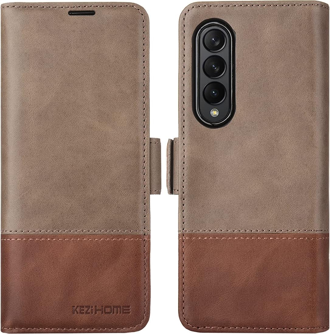 KEZiHOME Genuine Leather Galaxy Z Fold 3 Wallet Case [RFID Blocking] with Card Slot Flip Kickstand Phone Cover Compatible with Galaxy Z Fold 3