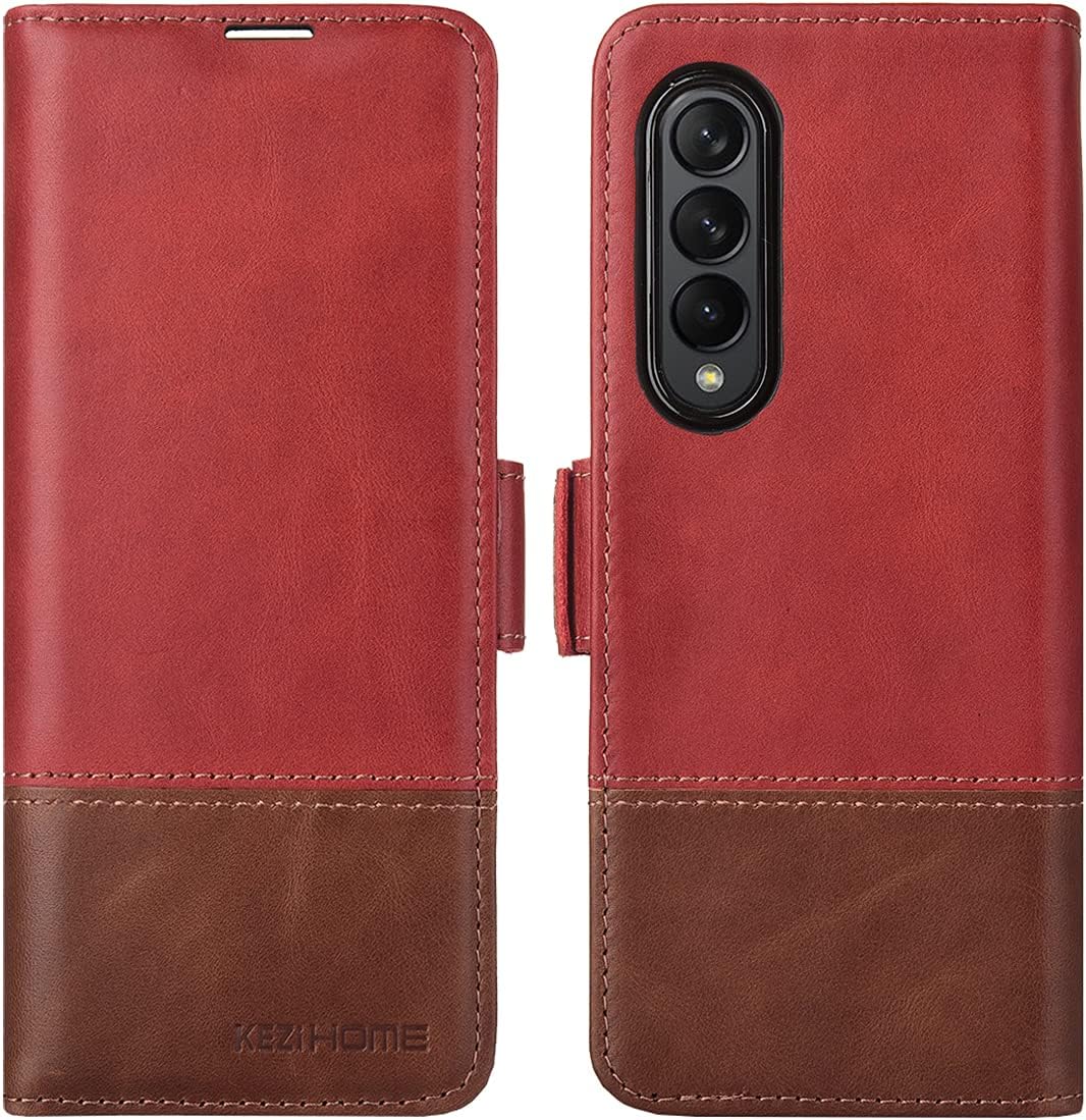 KEZiHOME Genuine Leather Galaxy Z Fold 3 Wallet Case [RFID Blocking] with Card Slot Flip Kickstand Phone Cover Compatible with Galaxy Z Fold 3