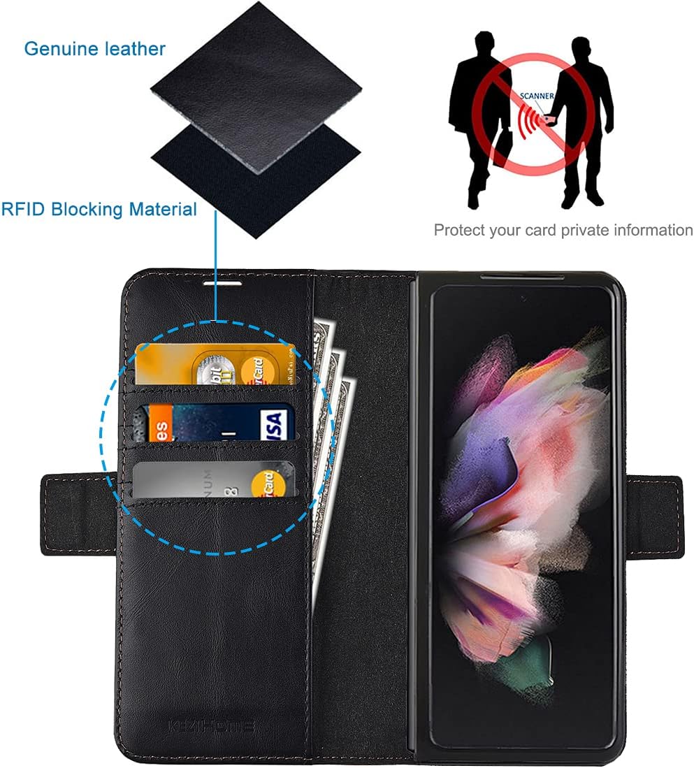 KEZiHOME Genuine Leather Galaxy Z Fold 3 Wallet Case [RFID Blocking] with Card Slot Flip Kickstand Phone Cover Compatible with Galaxy Z Fold 3